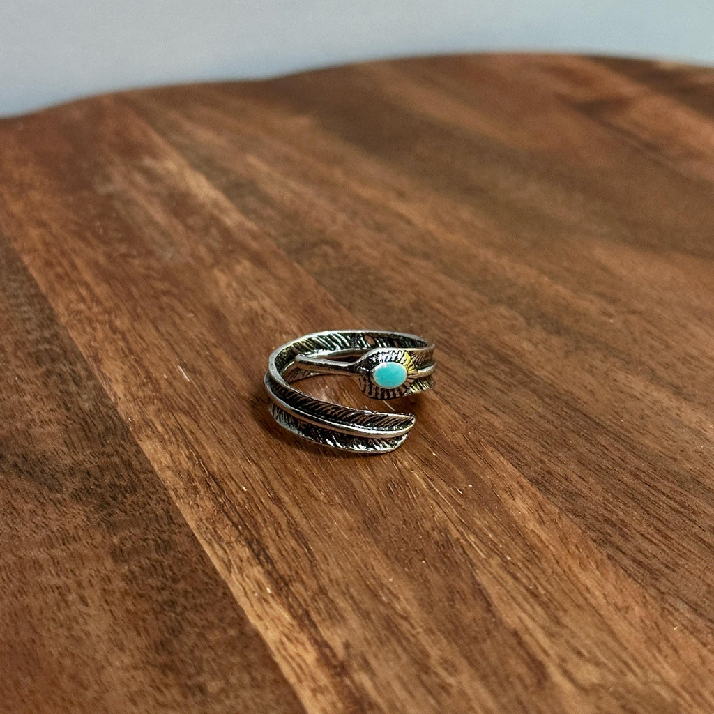 Boho Hippie Tribal Feather Ring Green Black Silver Tone - Size S