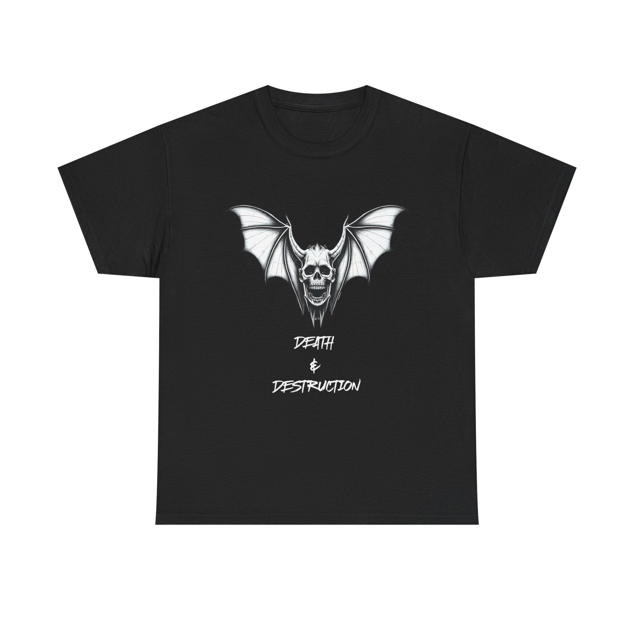 Death & Destruction Bat Skull Printed T-Shirt 100% Cotton Goth Biker Halloween Tee