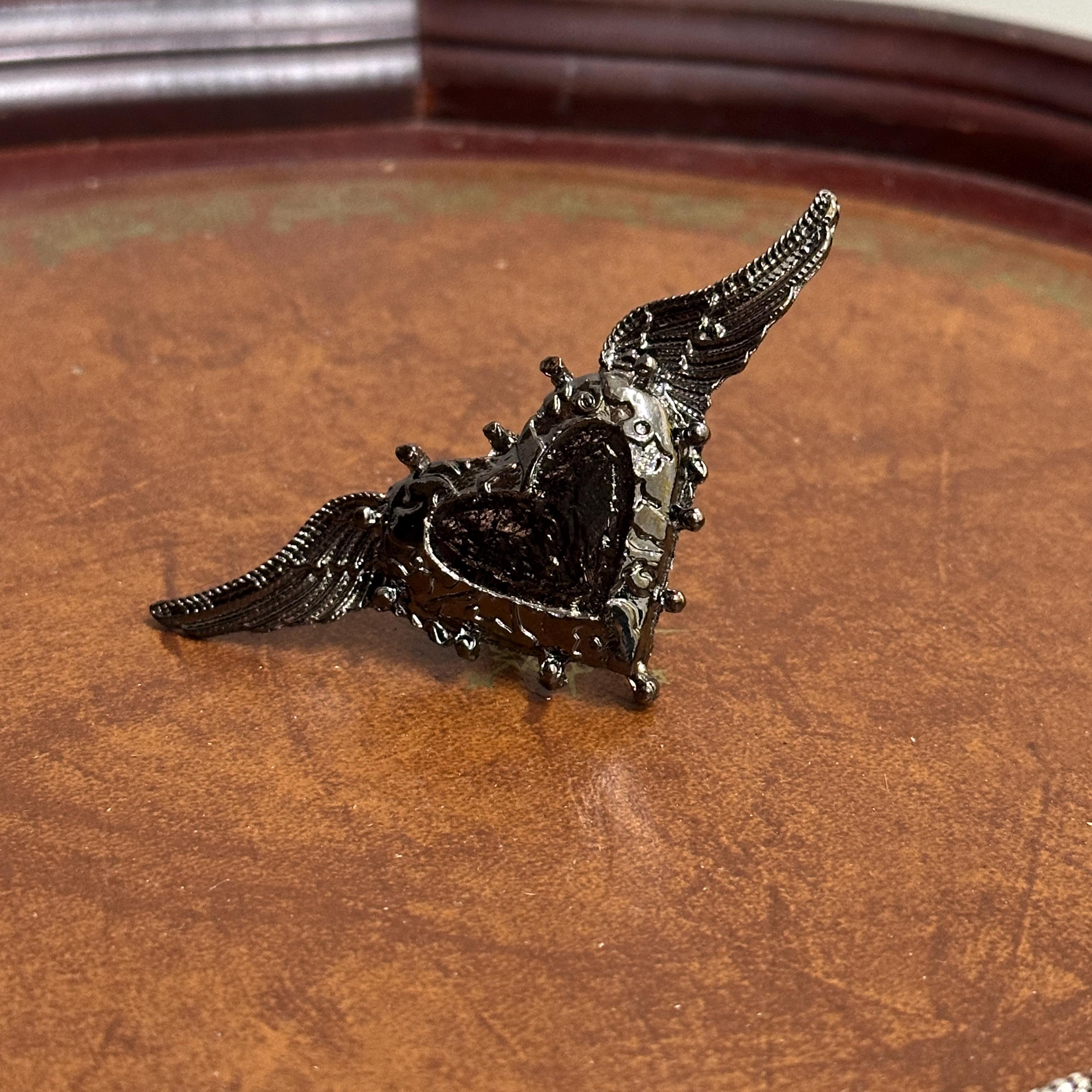 Black Goth Biker Style Winged Heart Statement Ring Metallic Adjustable - Size N 1/2