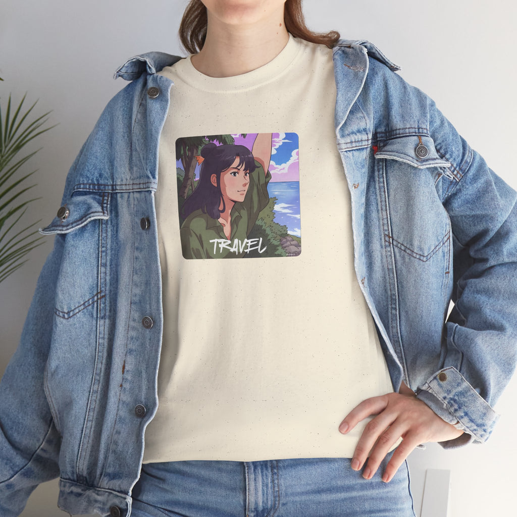 Travel Anime Girl Printed T-Shirt 100% Cotton Novelty Travelling Island Sunshine Tee Gift