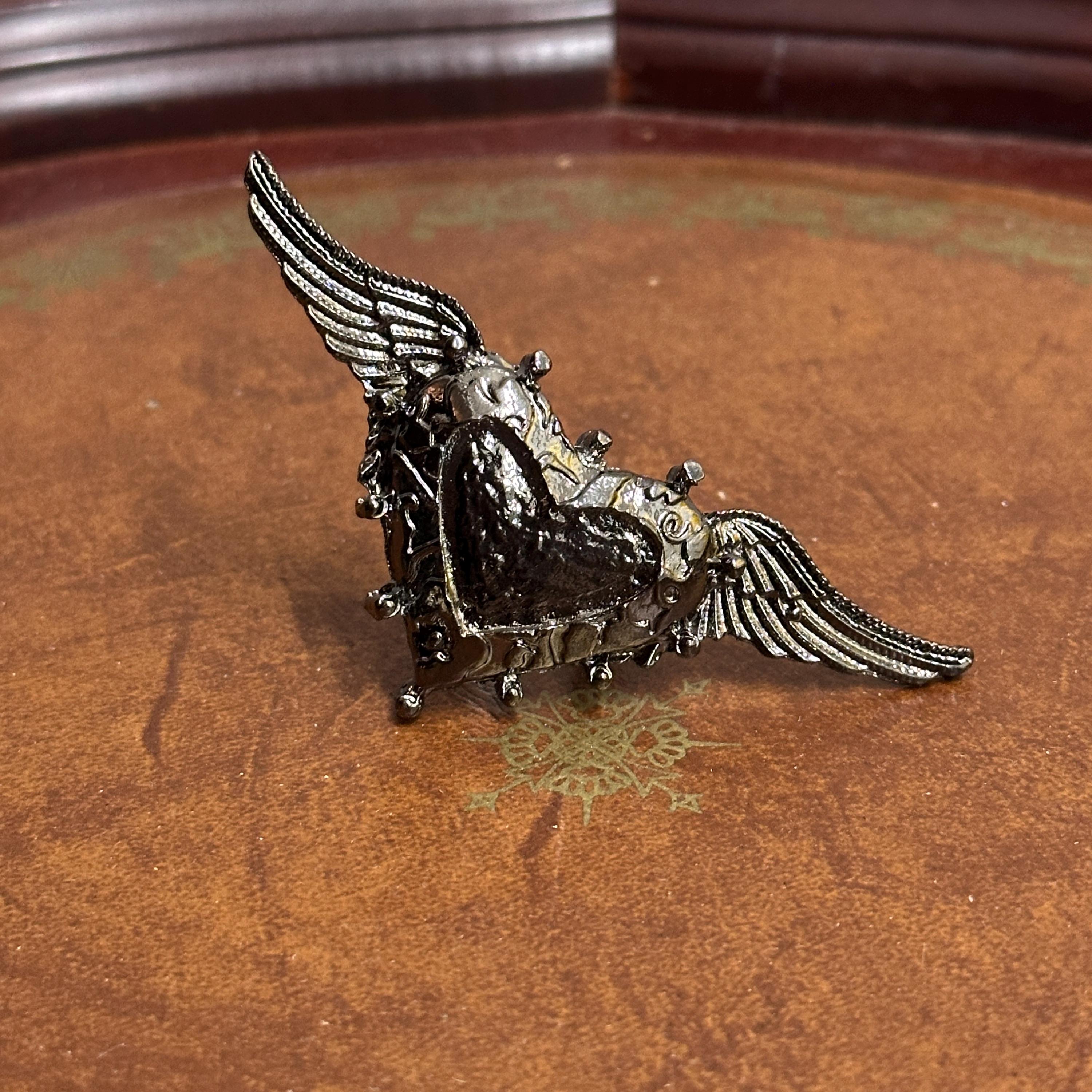 Black Goth Biker Style Winged Heart Statement Ring Metallic Adjustable - Size N 1/2