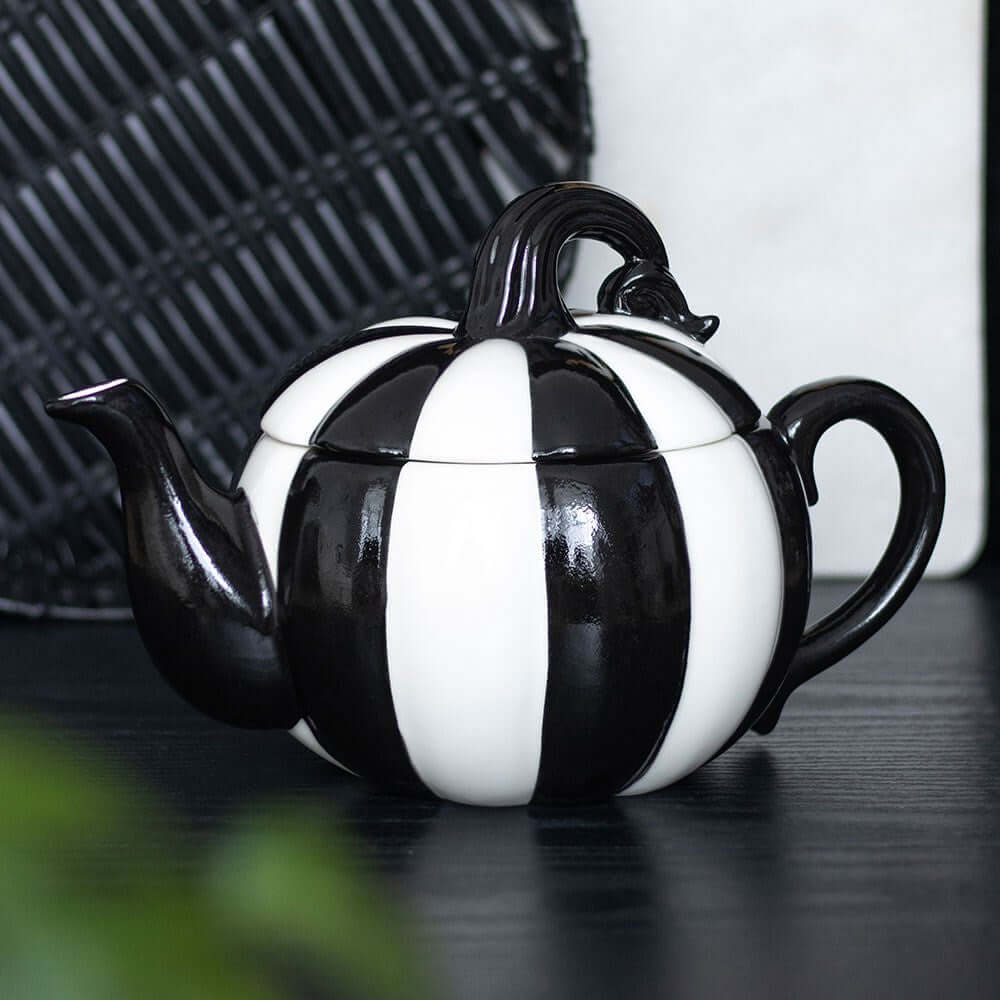 Gothic Gifts Black and White Striped Pumpkin Teapot