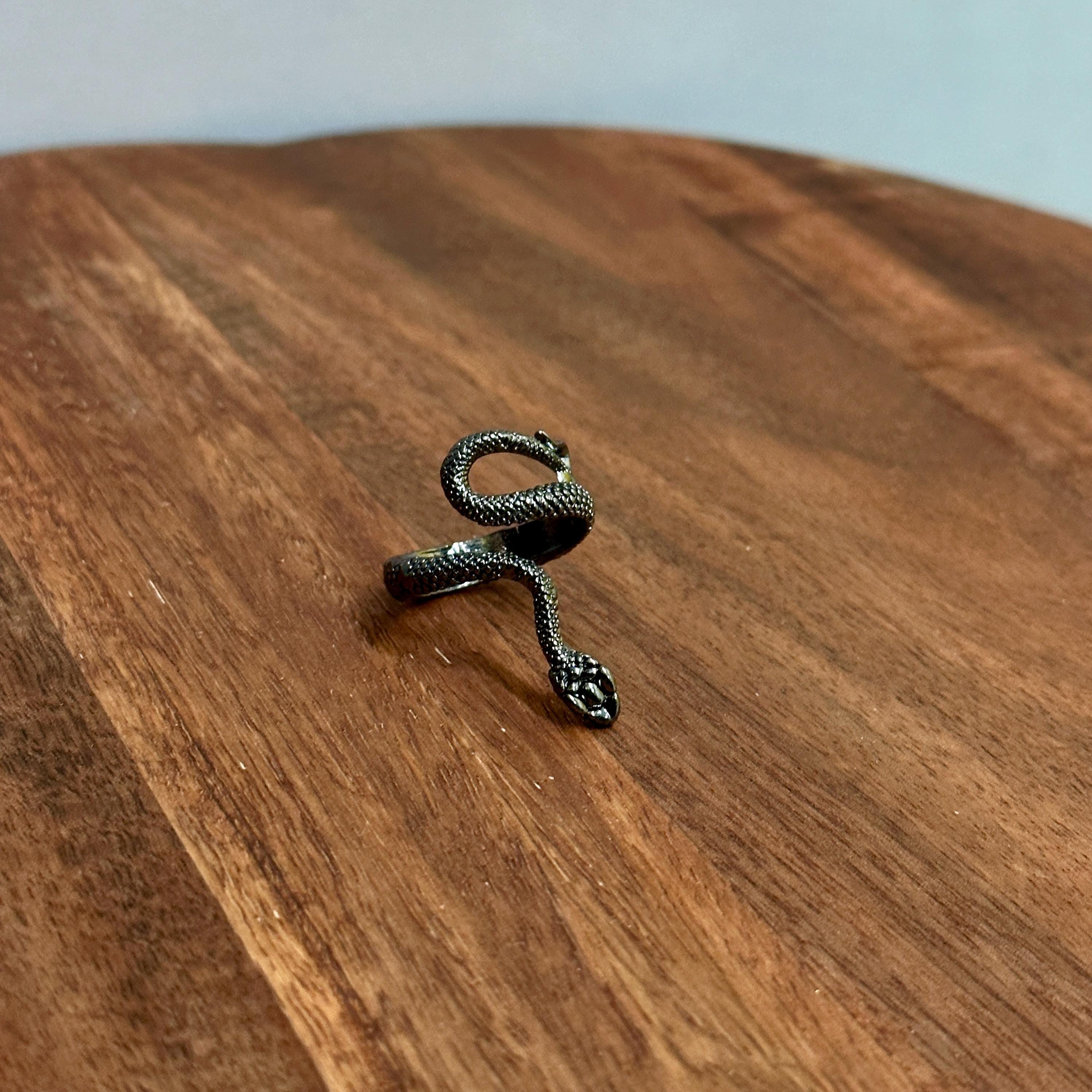 Gothic Snake Serpent Full Finger Ring Black Silver Tone - Size R