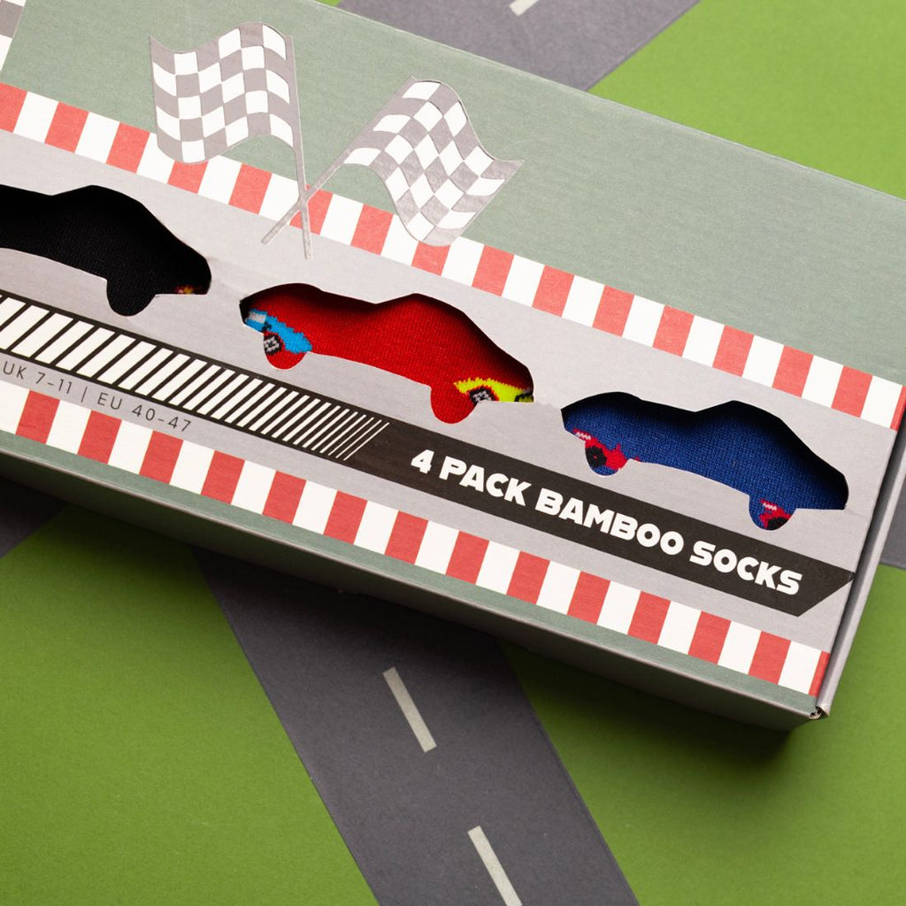 Racing Car Sock Box - 4 Pairs of Bamboo Socks (His)