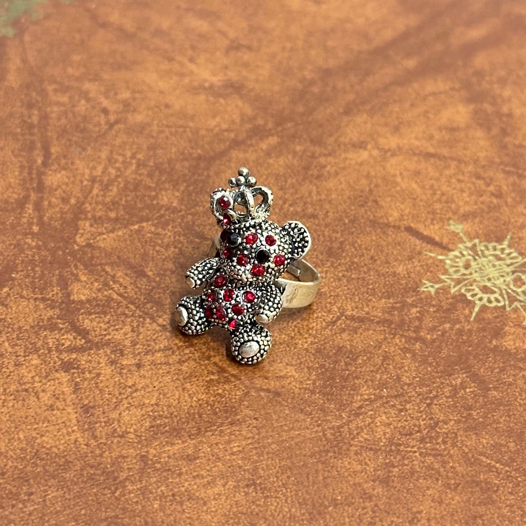 Diamante Princess Teddy Bear Crown Ring Silver Tone Various Colour Stones Adjustable Size