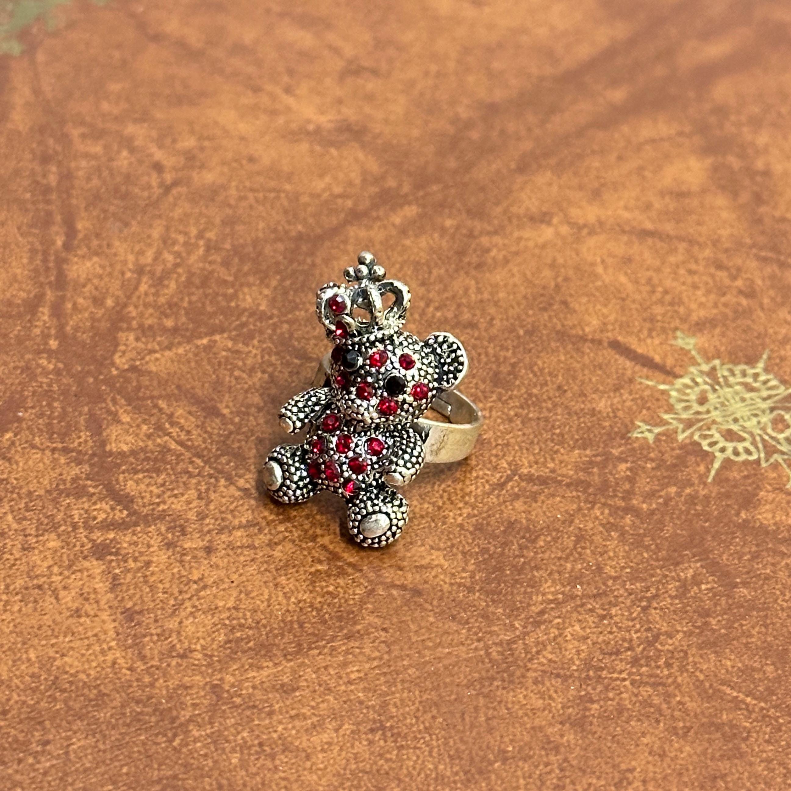 Diamante Princess Teddy Bear Crown Ring Silver Tone Various Colour Stones Adjustable Size