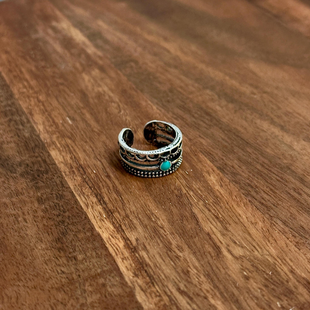 Patterned Boho Tribal Ring Open Band Unique Green Silver Tone Adjustable - Size L 1/2