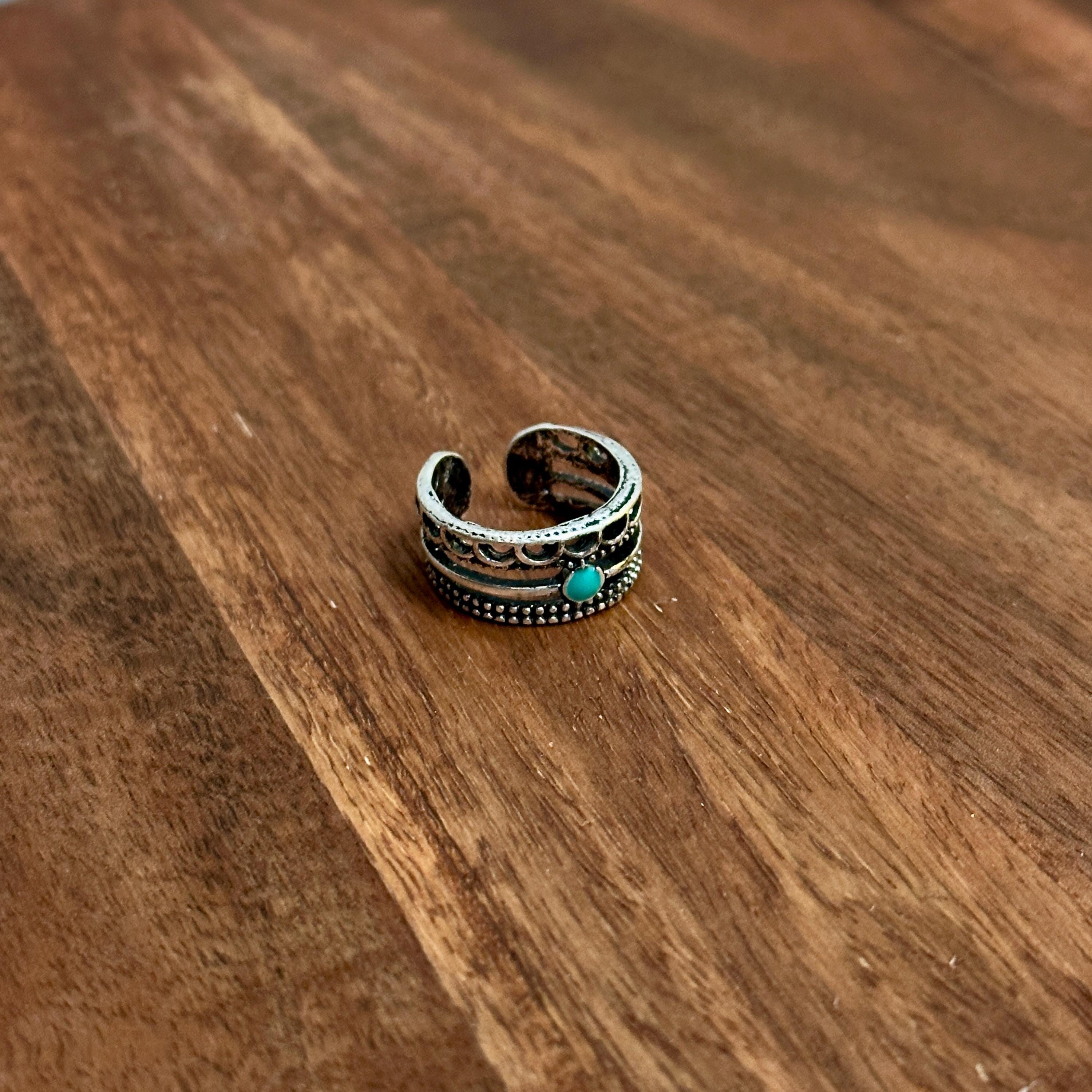 Patterned Boho Tribal Ring Open Band Unique Green Silver Tone Adjustable - Size L 1/2