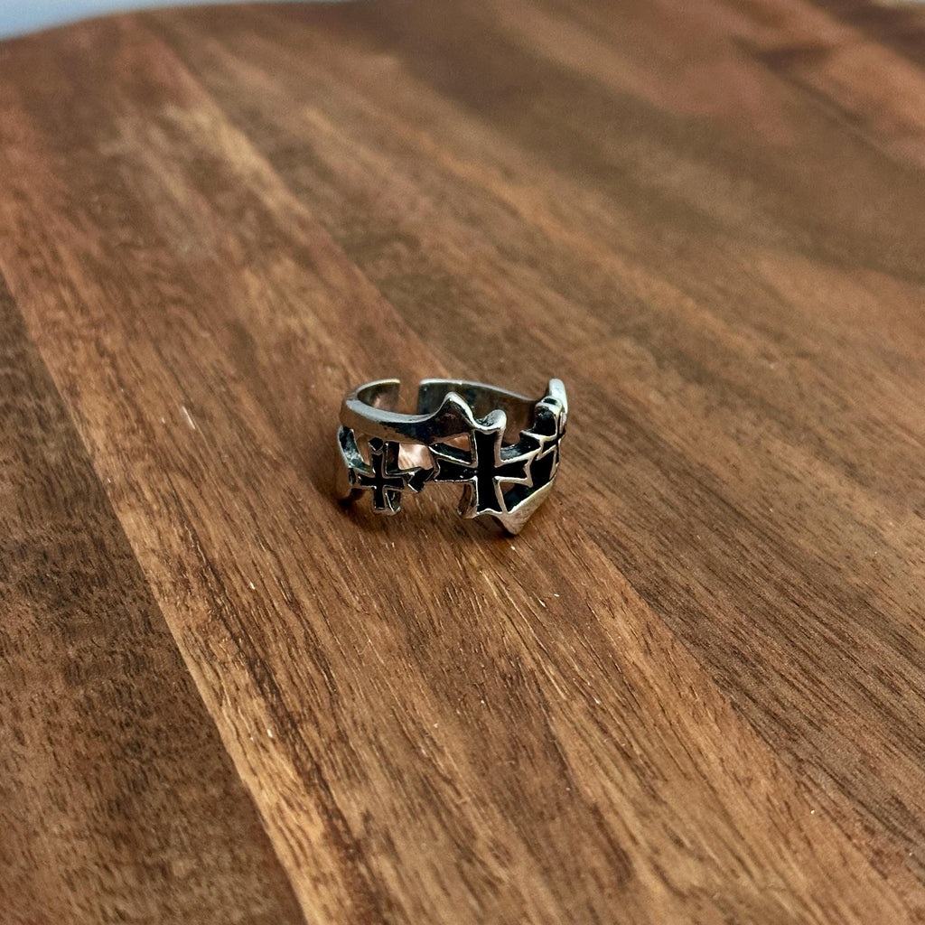 Unique Gothic Knights Templar Black Iron Cross Ring Silver Tone Adjustable - Size T