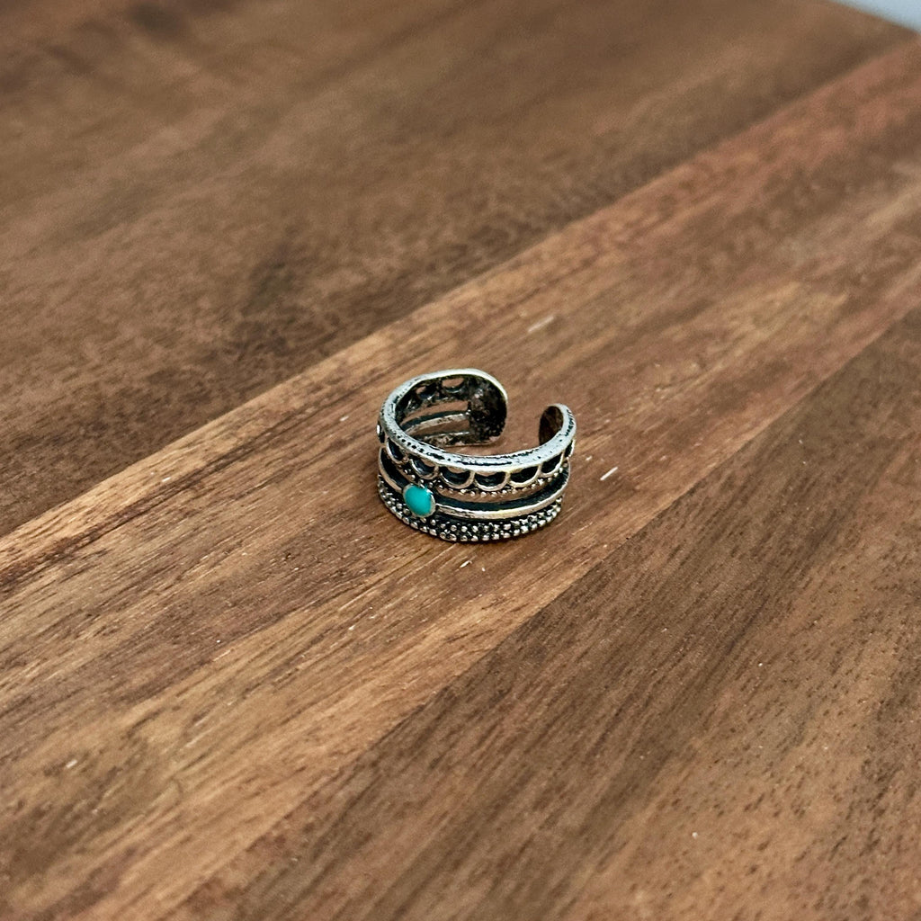 Patterned Boho Tribal Ring Open Band Unique Green Silver Tone Adjustable - Size L 1/2