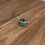 Patterned Boho Tribal Ring Open Band Unique Green Silver Tone Adjustable - Size L 1/2