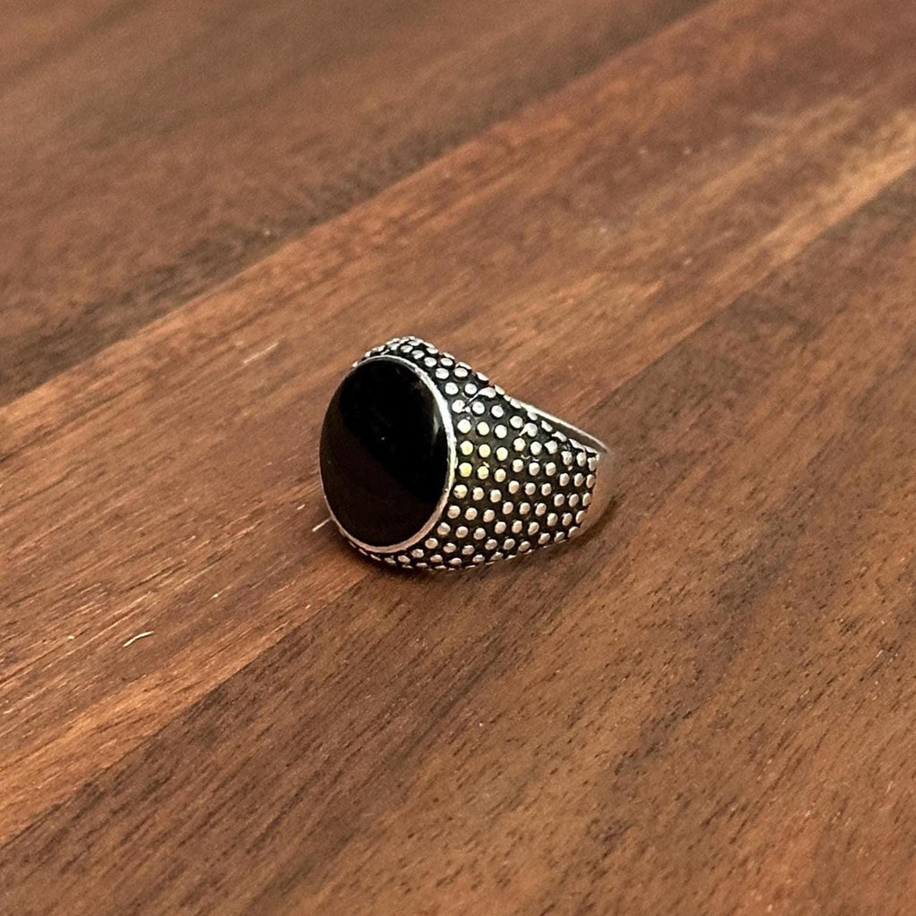 Oversized Calming Black Stone Meditation Ring Dimpled Silver Tone Energy Absorber - Various Sizes