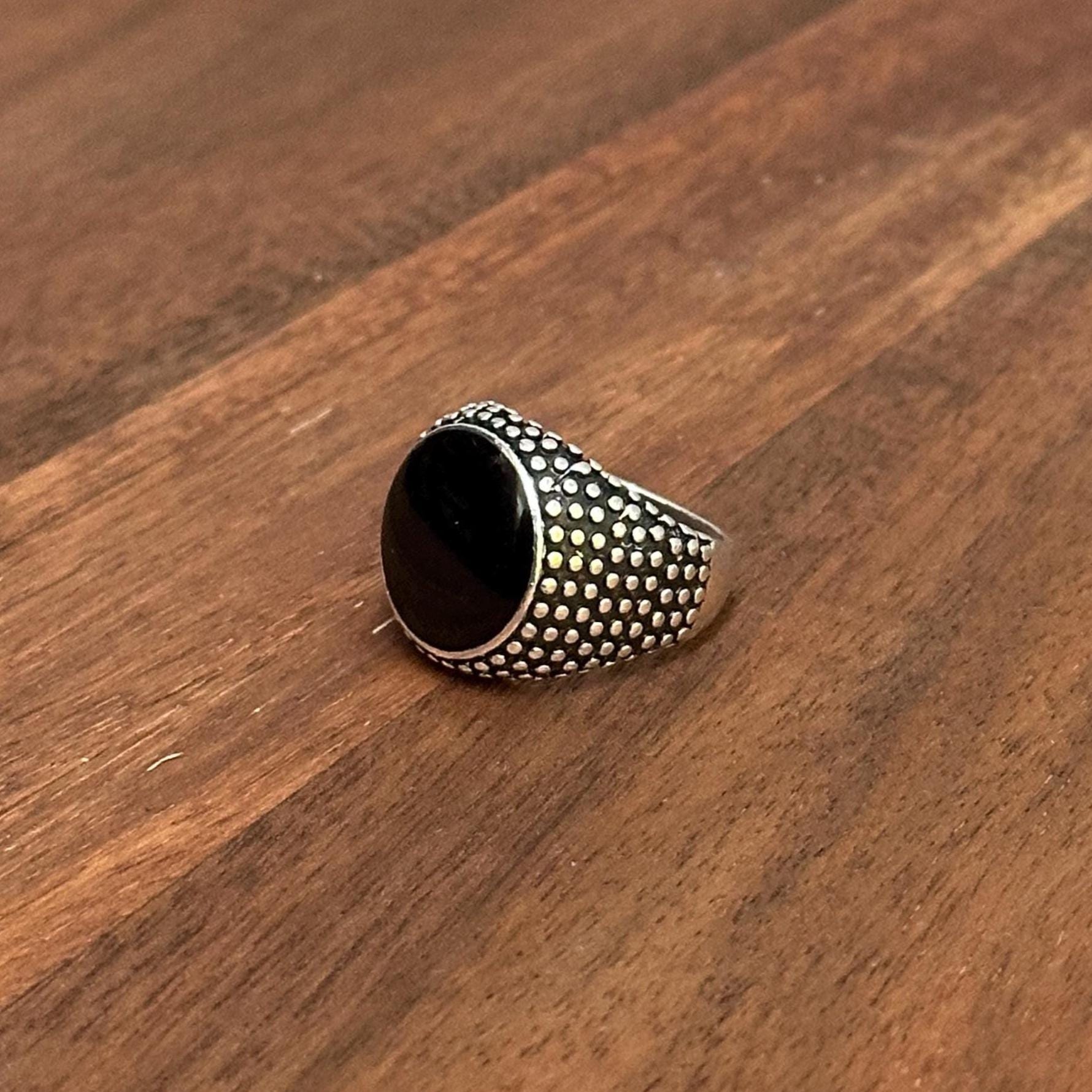 Oversized Calming Black Stone Meditation Ring Dimpled Silver Tone Energy Absorber - Various Sizes