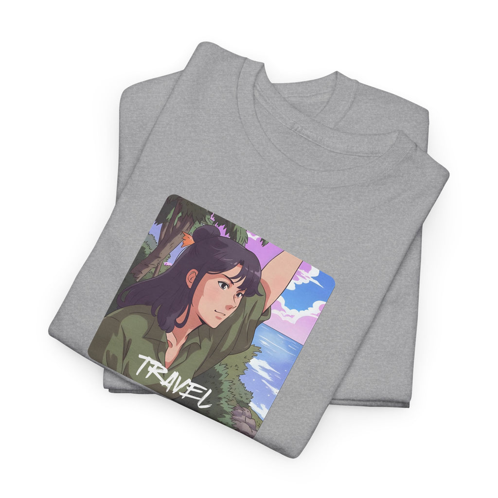 Travel Anime Girl Printed T-Shirt 100% Cotton Novelty Travelling Island Sunshine Tee Gift