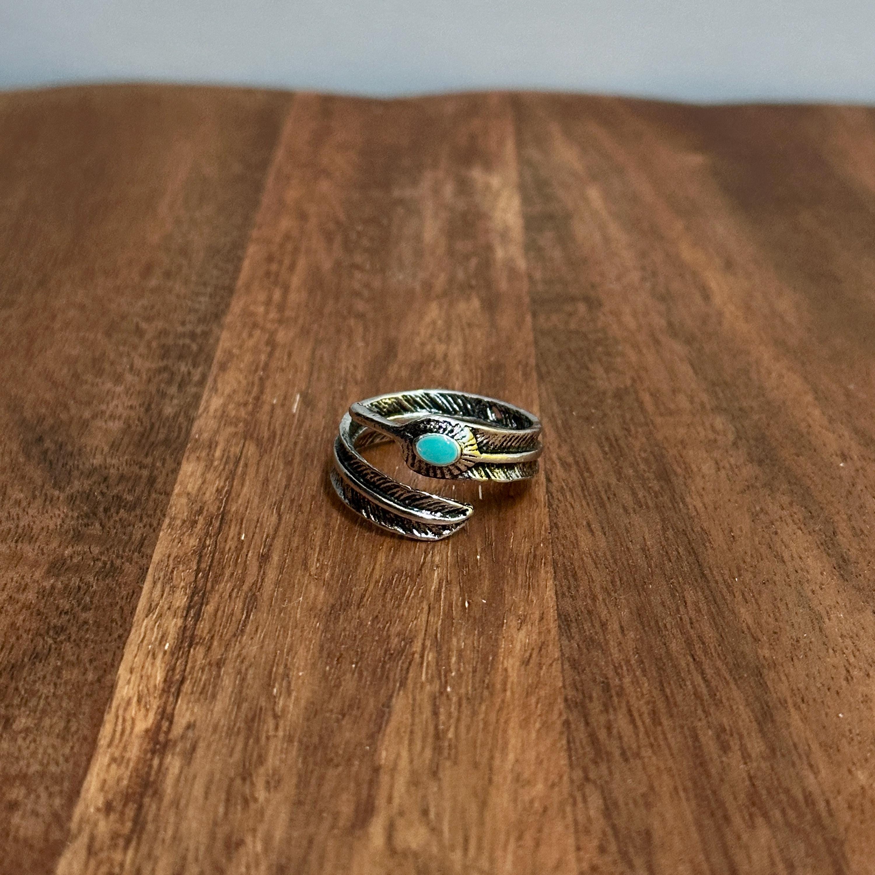 Boho Hippie Tribal Feather Ring Green Black Silver Tone - Size S