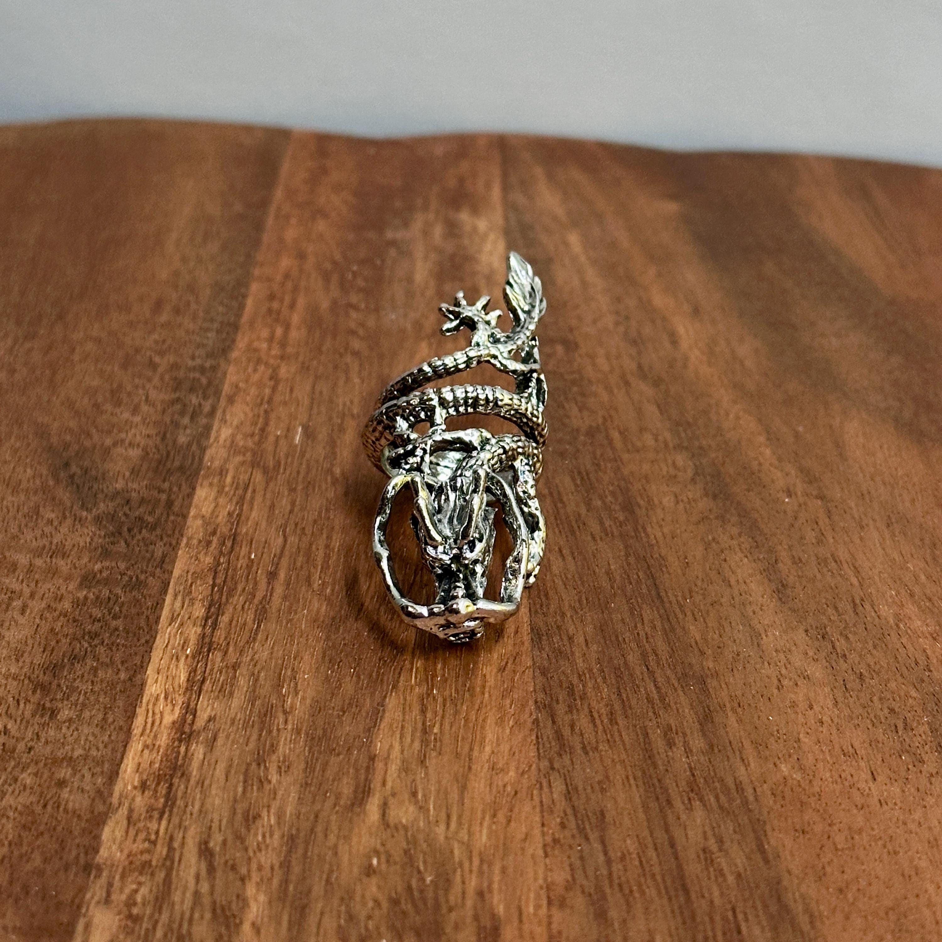 Unique Gothic Oriental Dragon Statement Ring Silver Tone - Size M 1/2