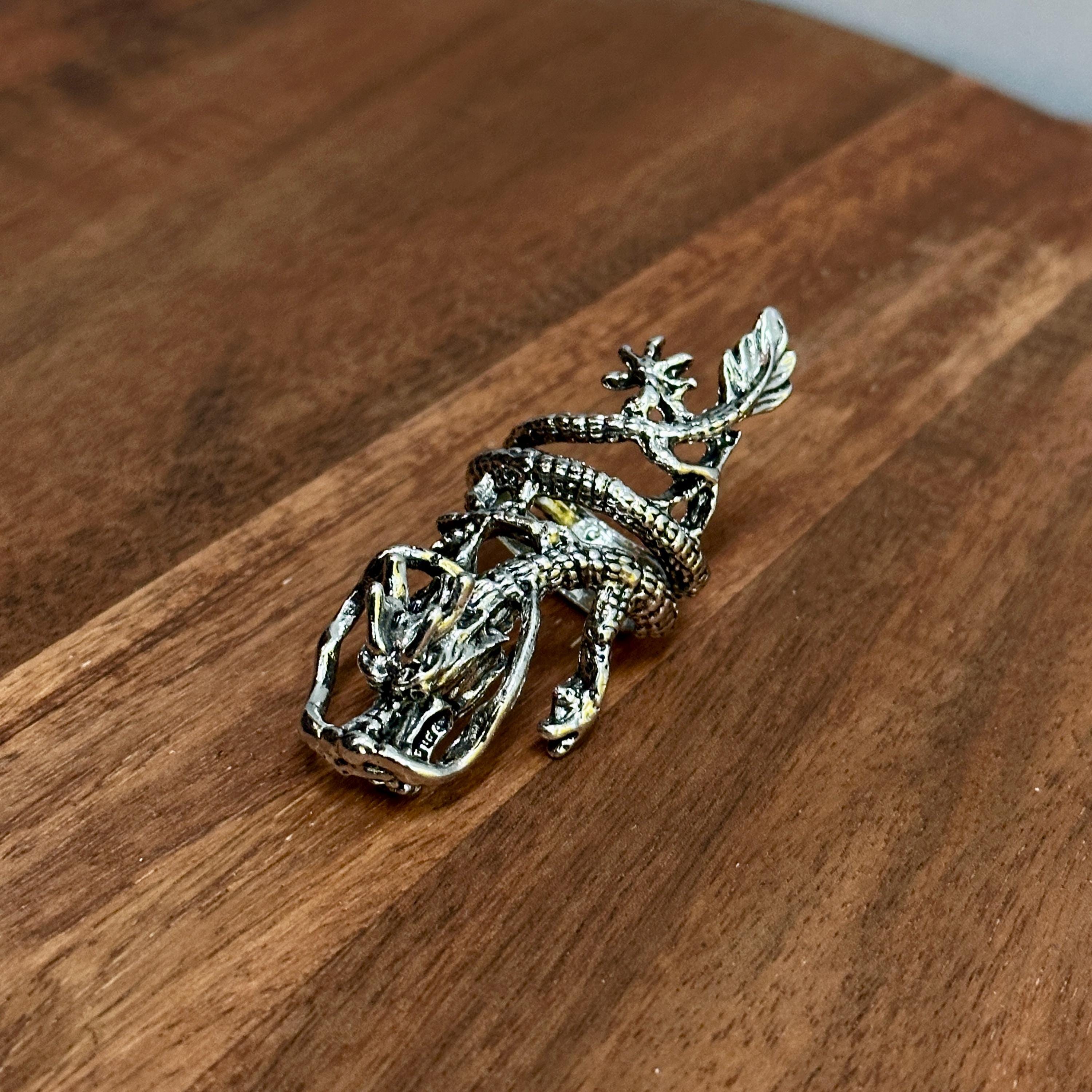 Unique Gothic Oriental Dragon Statement Ring Silver Tone - Size M 1/2