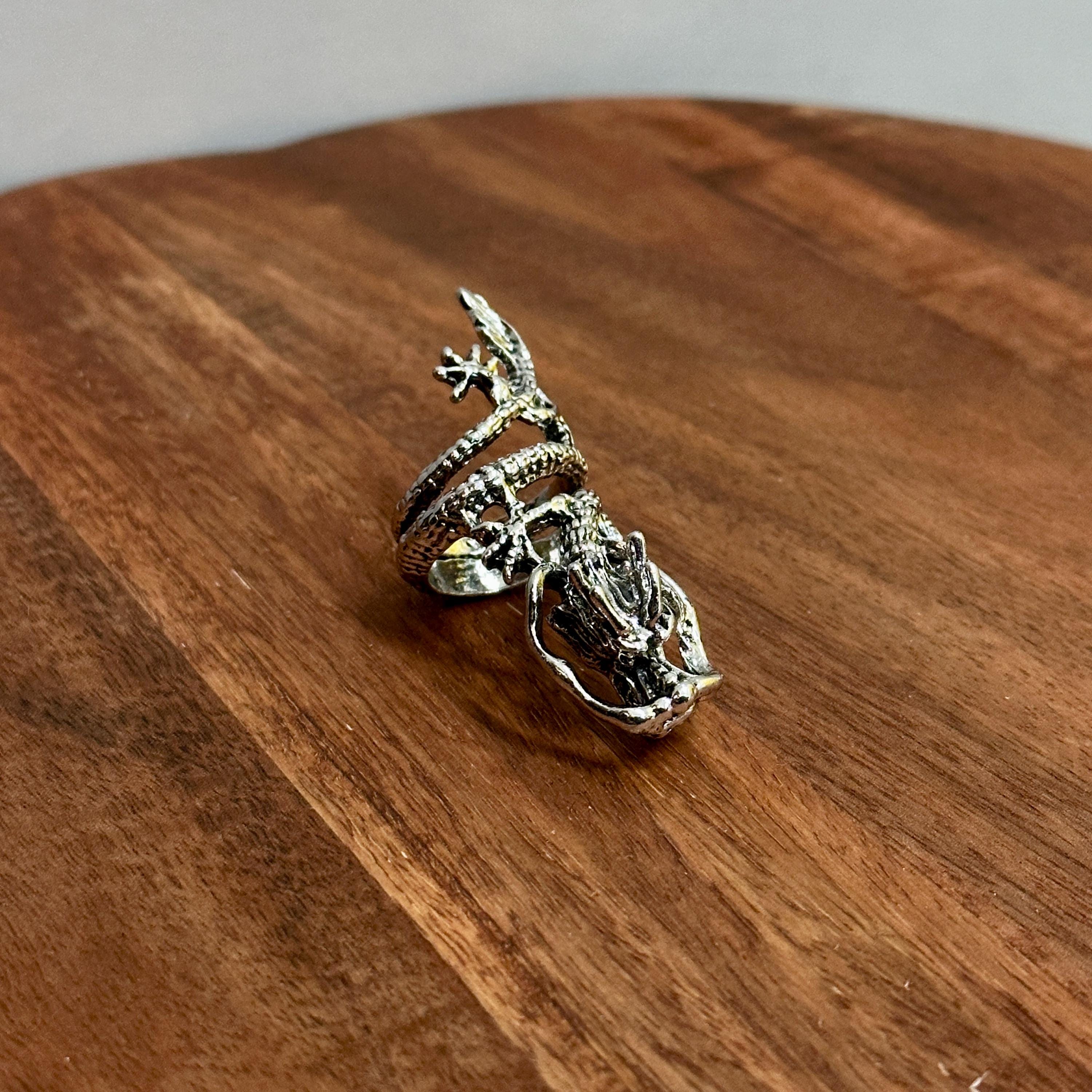Unique Gothic Oriental Dragon Statement Ring Silver Tone - Size M 1/2