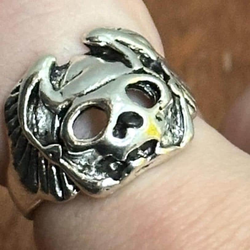 Gothic Horror Biker Bat Skull Statement Ring Silver Tone Halloween Ring - Various Sizes
