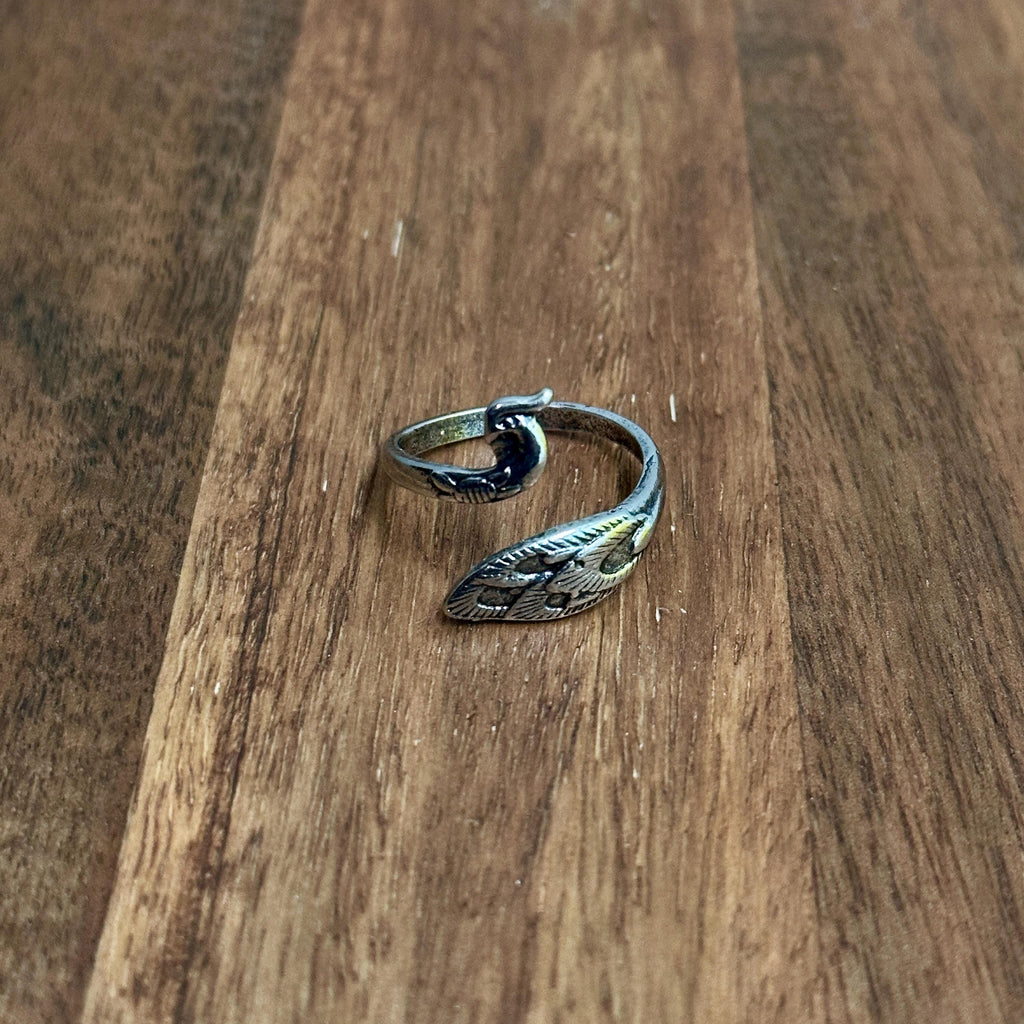 Unique Wrap Around Peacock Ring Silver Tone Adjustable - Size R 1/2