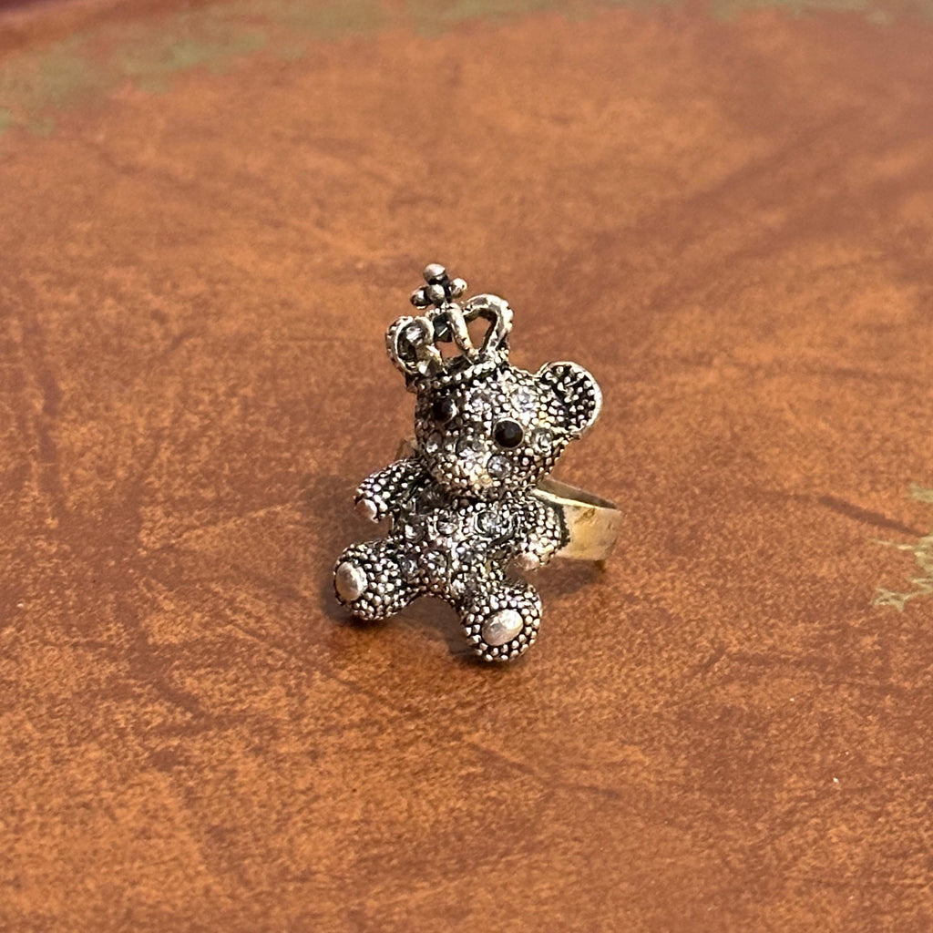 Diamante Princess Teddy Bear Crown Ring Silver Tone Various Colour Stones Adjustable Size