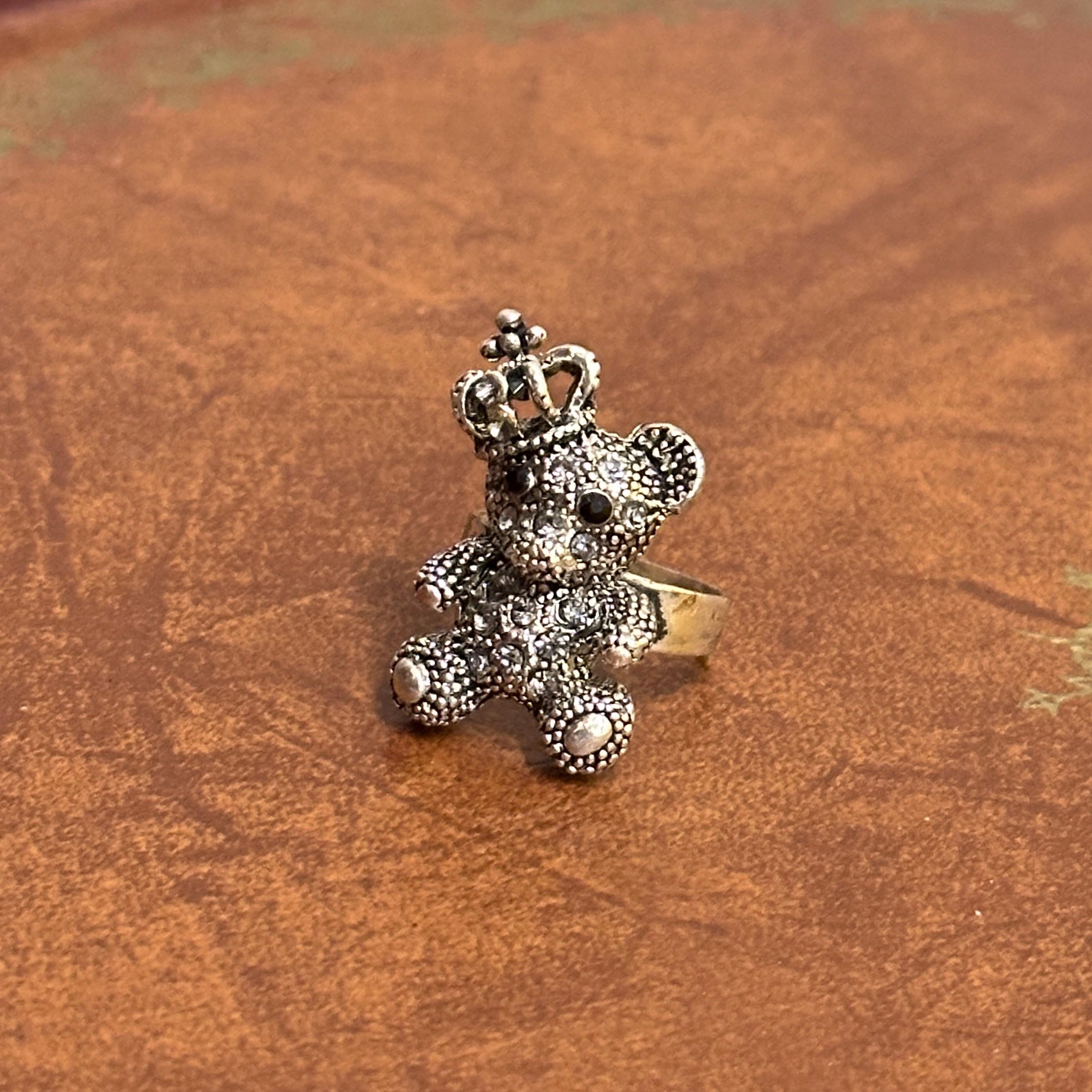 Diamante Princess Teddy Bear Crown Ring Silver Tone Various Colour Stones Adjustable Size