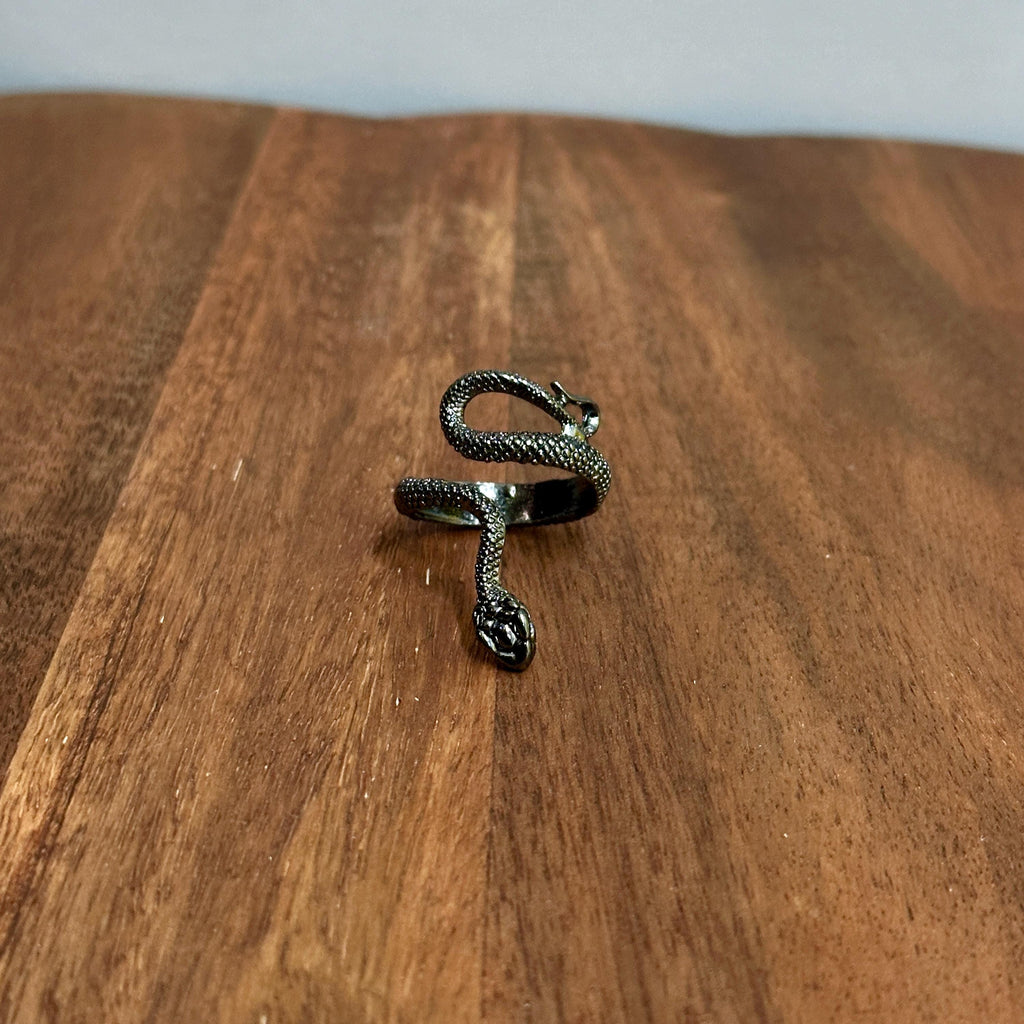 Gothic Snake Serpent Full Finger Ring Black Silver Tone - Size R