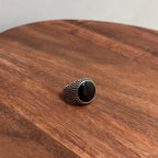 Oversized Calming Black Stone Meditation Ring Dimpled Silver Tone Energy Absorber - Various Sizes