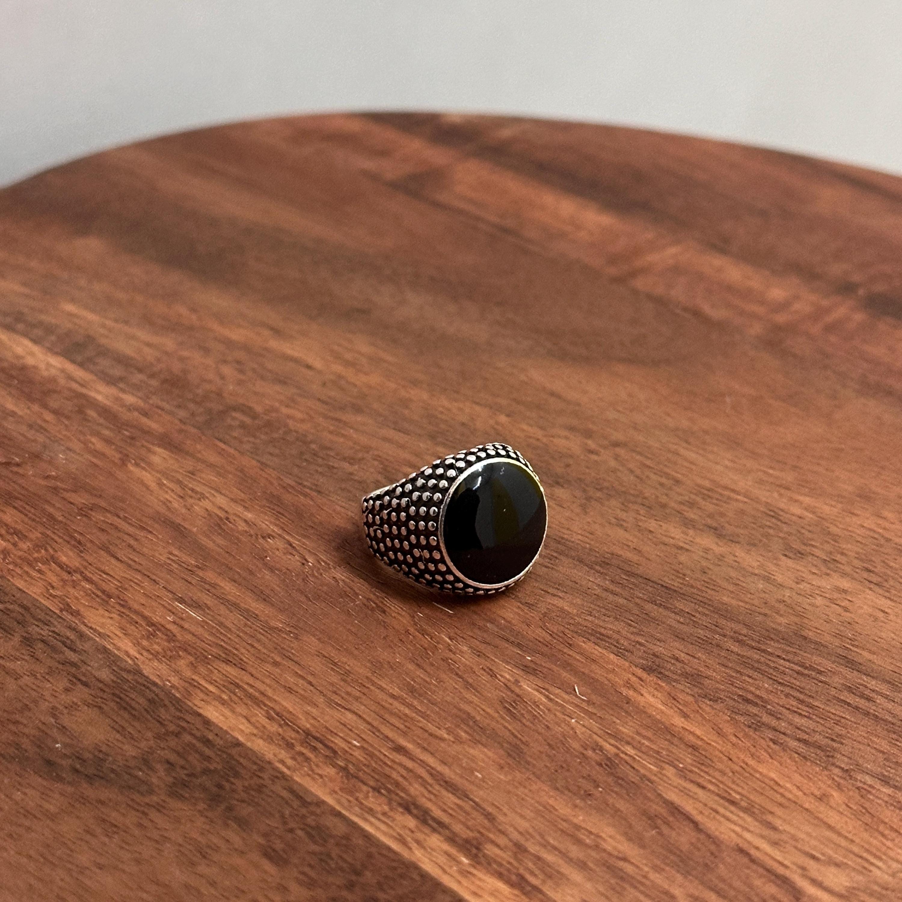 Oversized Calming Black Stone Meditation Ring Dimpled Silver Tone Energy Absorber - Various Sizes