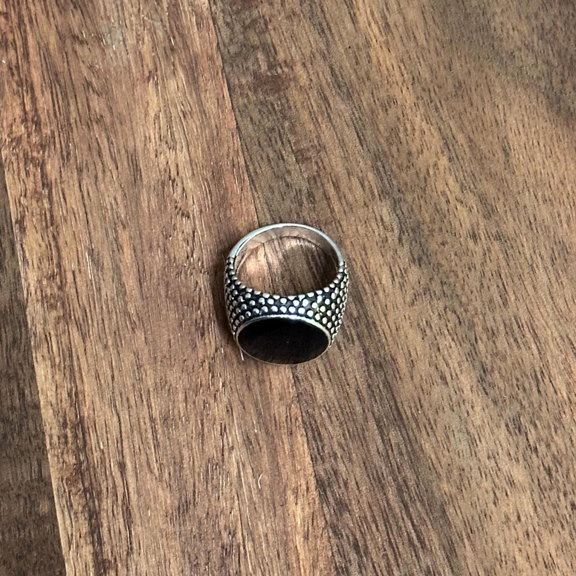 Oversized Calming Black Stone Meditation Ring Dimpled Silver Tone Energy Absorber - Various Sizes
