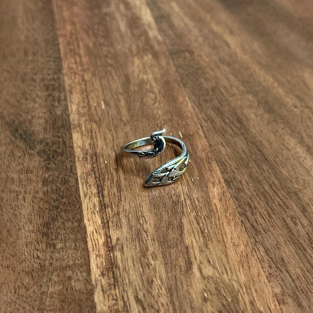 Unique Wrap Around Peacock Ring Silver Tone Adjustable - Size R 1/2