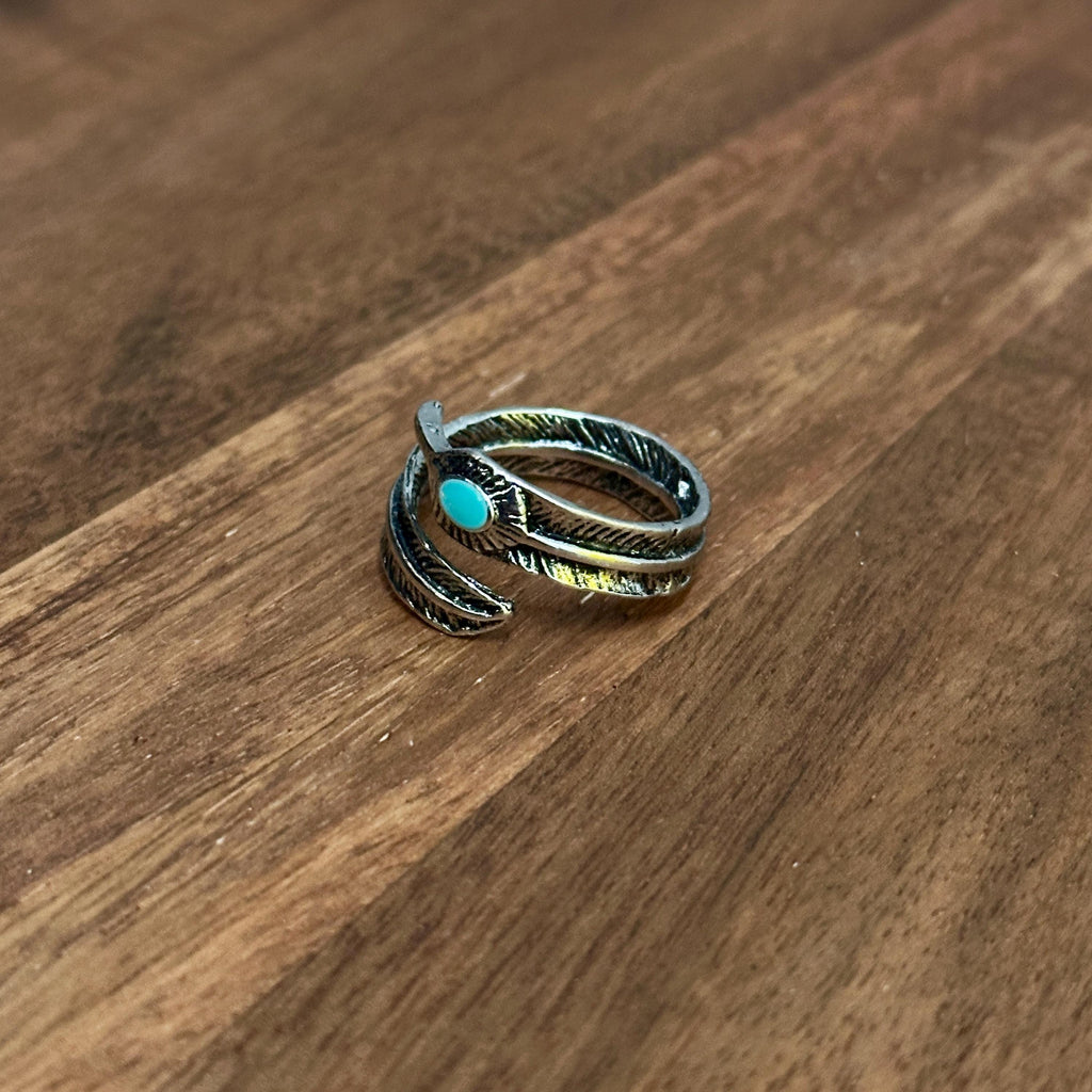 Boho Hippie Tribal Feather Ring Green Black Silver Tone - Size S