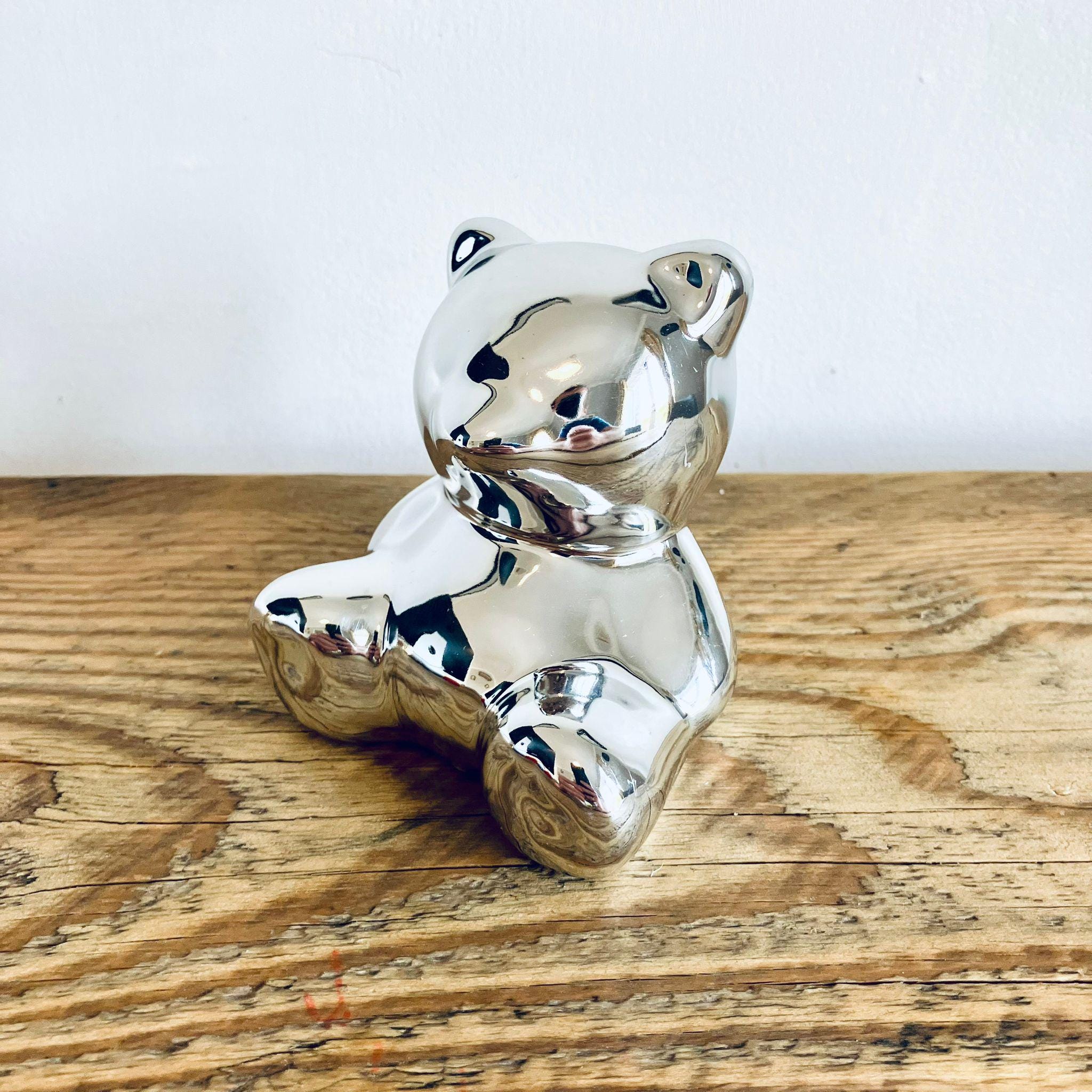 Mini Novelty Retro Teddy Bear Piggy Bank Silver 8.5cm Unique Gift