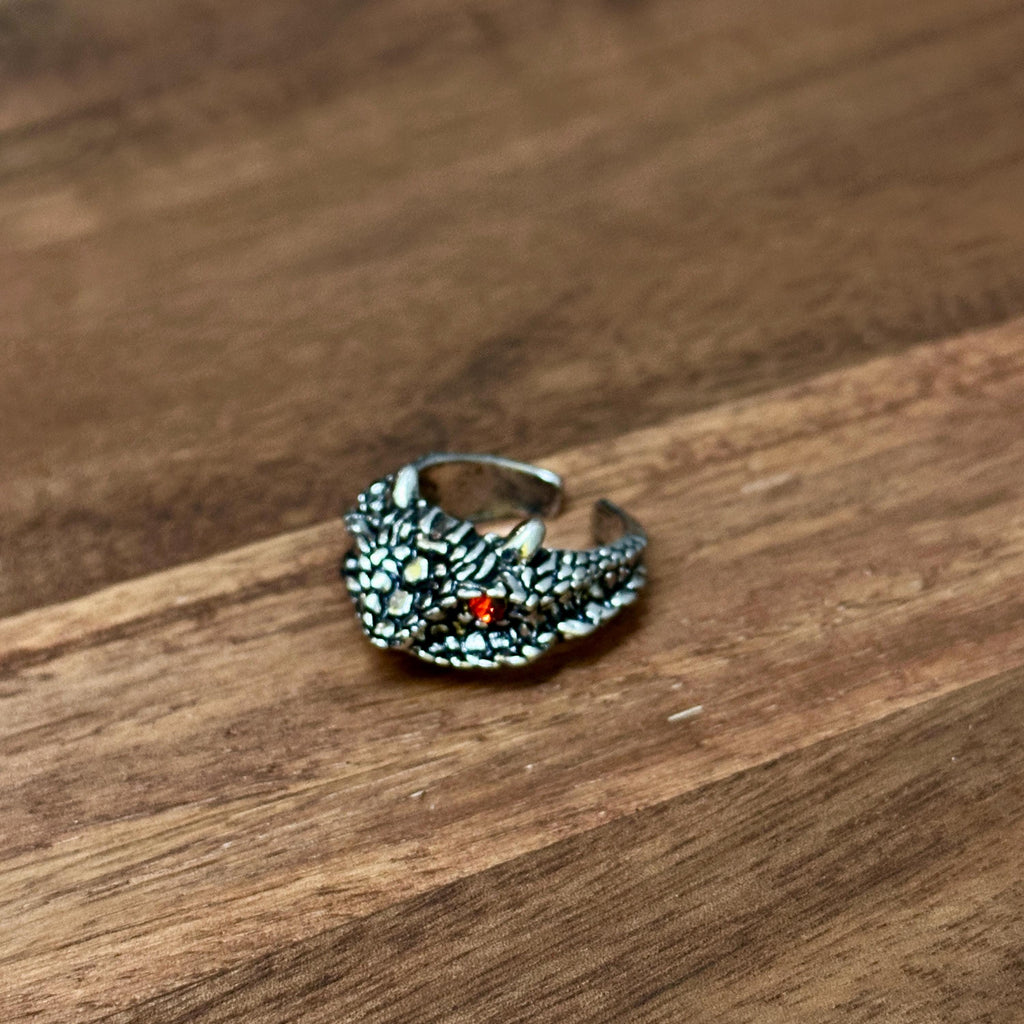 Alternative Gothic Dragon Head Ring Silver Tone Red Eye Open Adjustable Ring - Size Q
