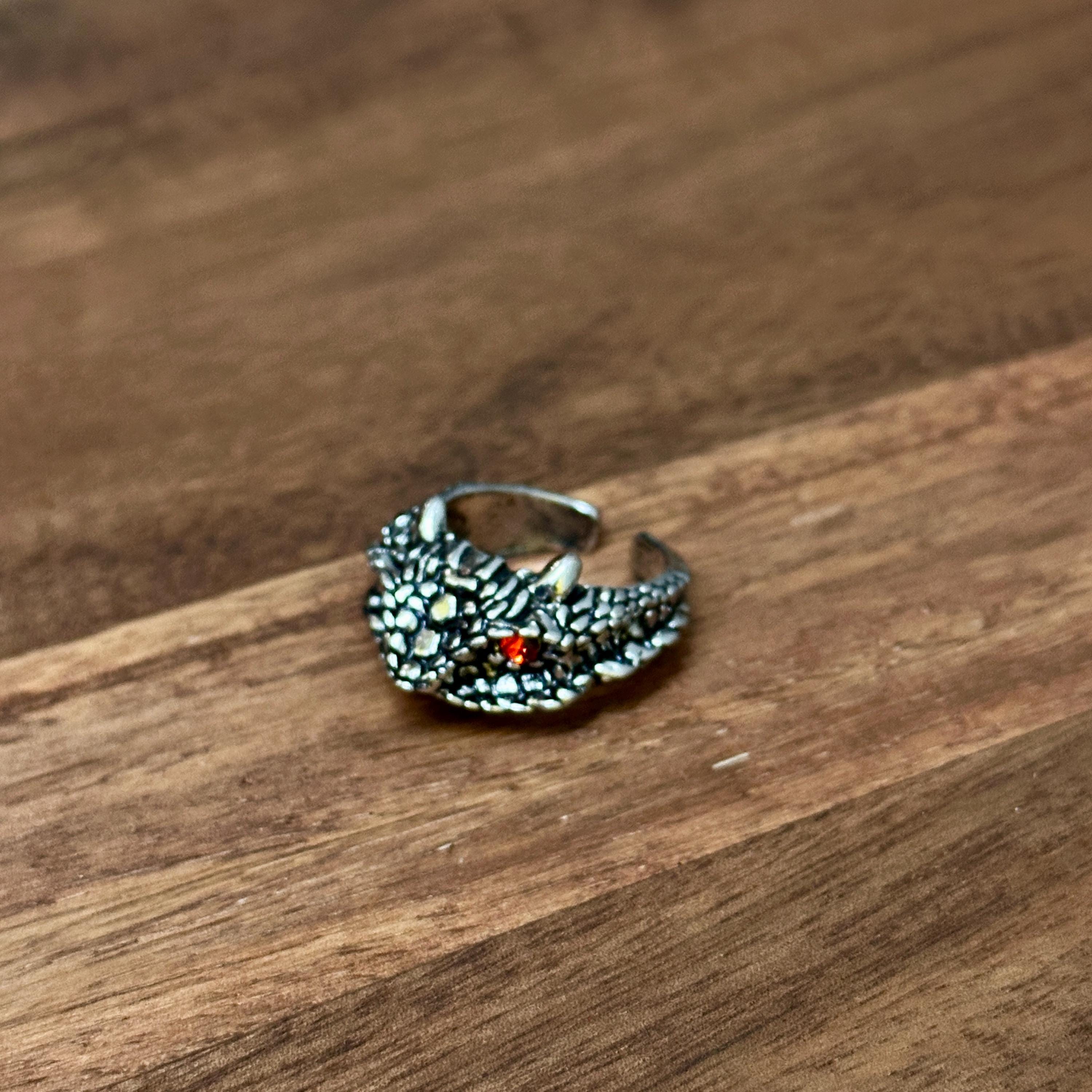 Alternative Gothic Dragon Head Ring Silver Tone Red Eye Open Adjustable Ring - Size Q