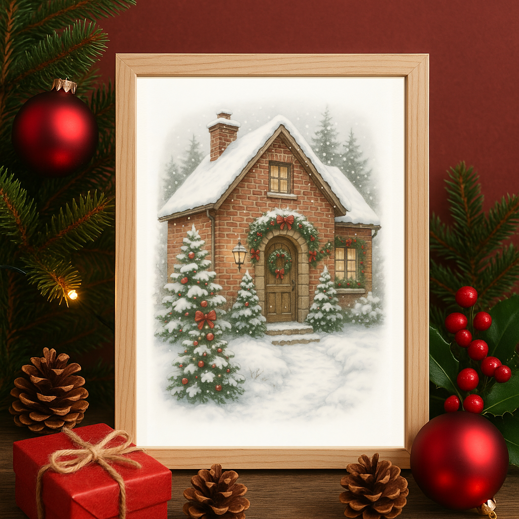 Cosy Christmas Cottage Wall Art Print
