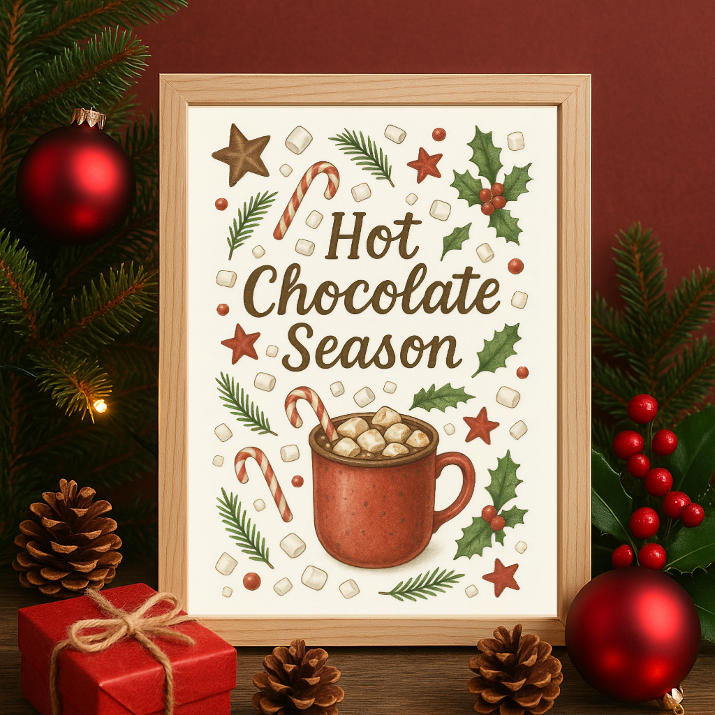 Decorative sign with 'Hot Chocolate Season' text surrounded by Christmas decor on a wooden surface.