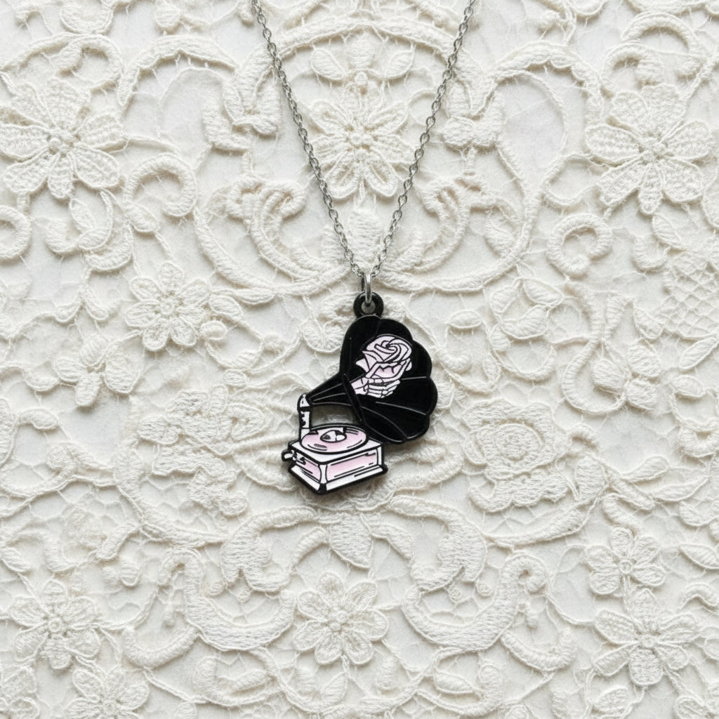 Gothic Pink Record Player Pendant Necklace