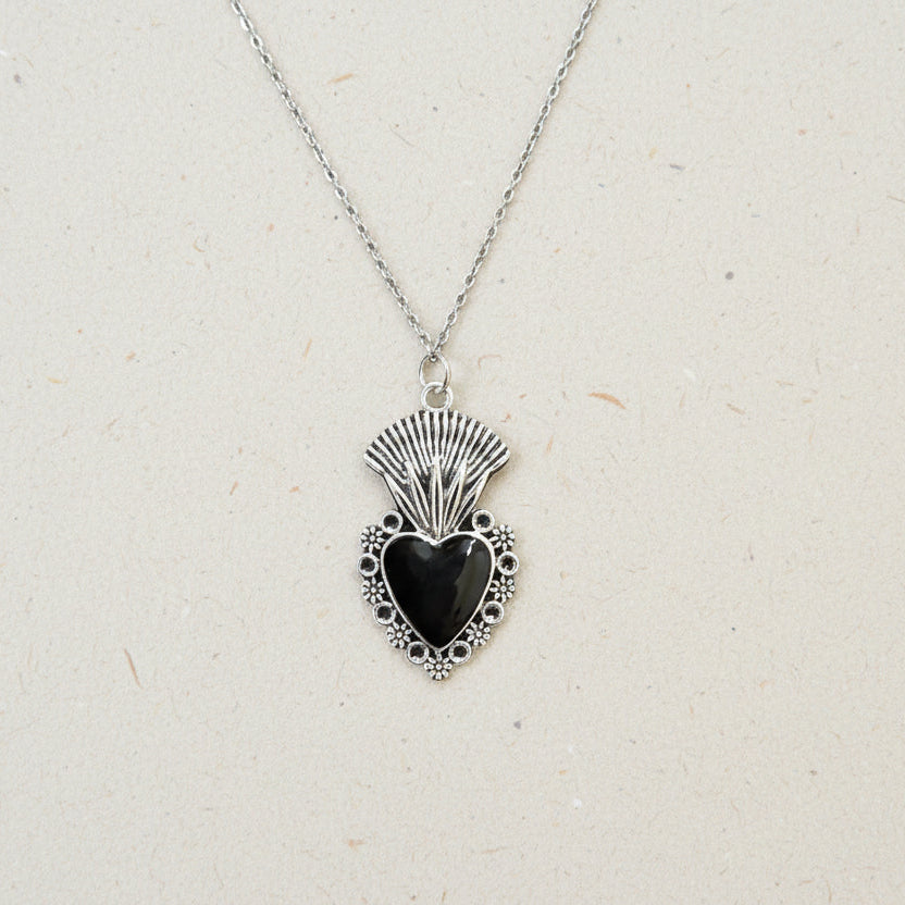 Gothic Feathered Black Heart Pendant Necklace
