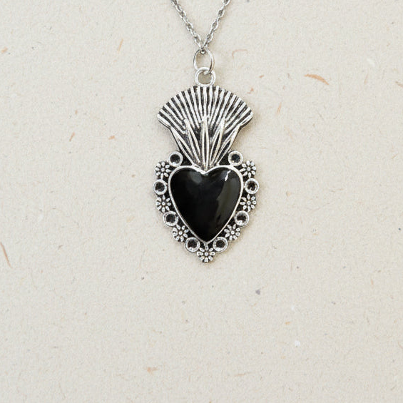 Gothic Feathered Black Heart Pendant Necklace