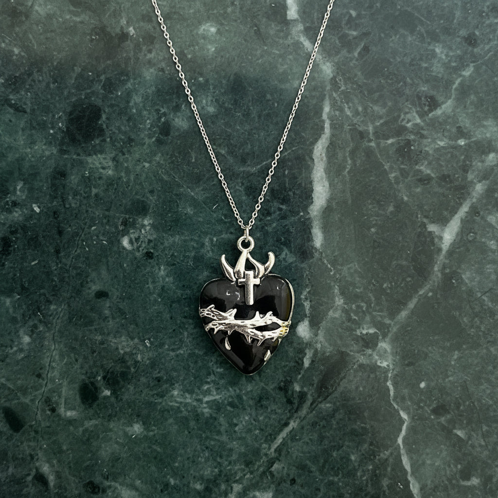Gothic Black Barbed Heart Pendant Necklace