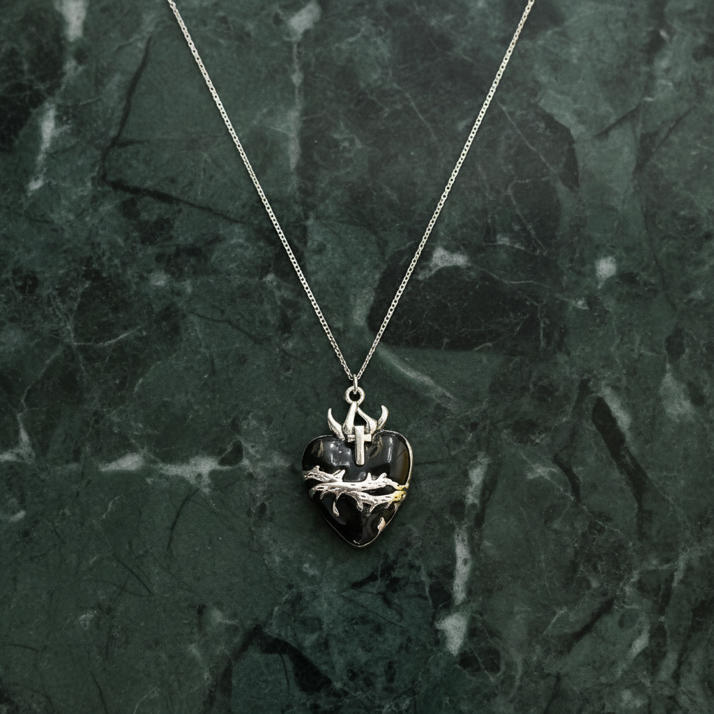 Gothic Black Barbed Heart Pendant Necklace