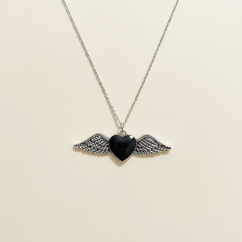 Black Winged Heart Pendant Necklace