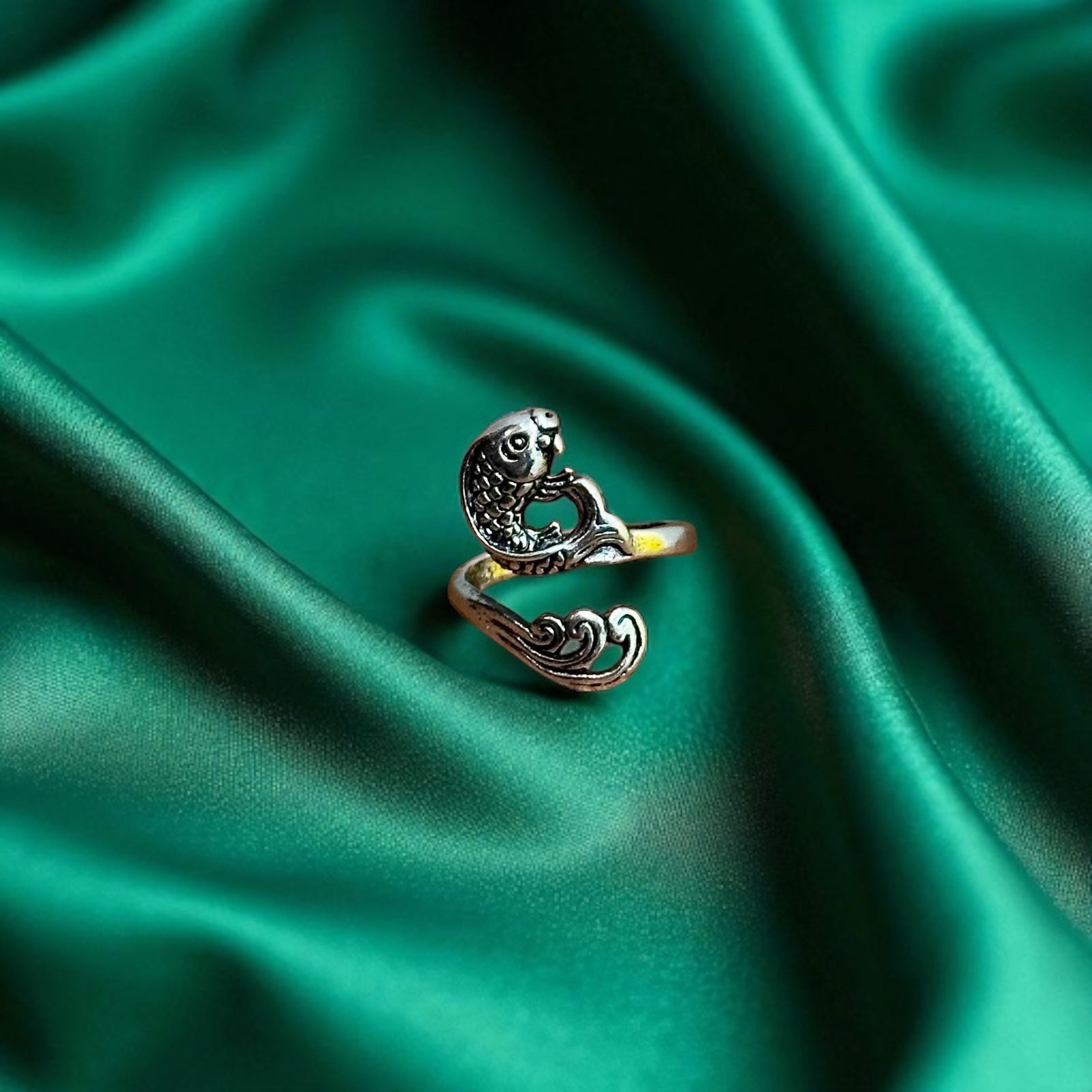 Intricate Jumping Koi Carp Fish Statement Ring Silver Tone Open Adjustable - Size J 1/2