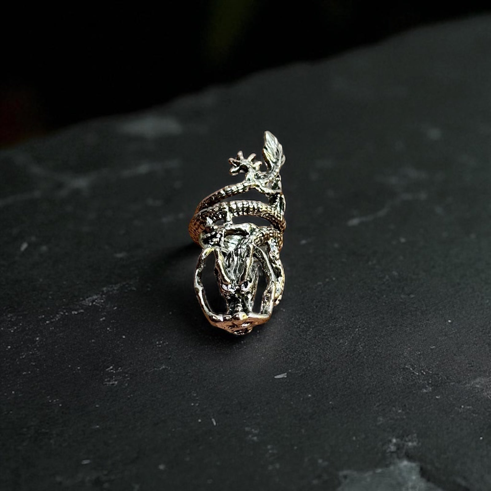 Unique Gothic Oriental Dragon Statement Ring Silver Tone - Size M 1/2