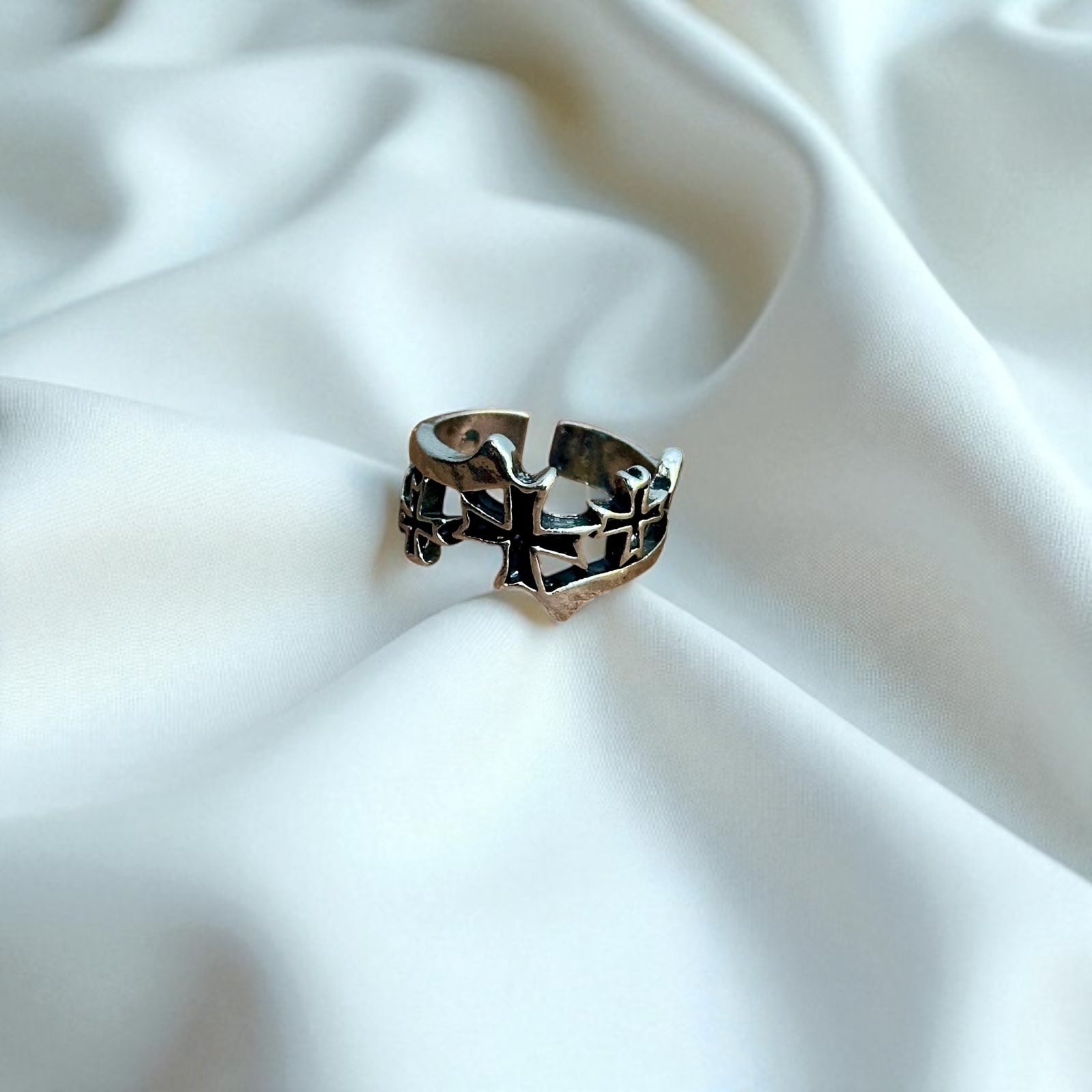 Unique Gothic Knights Templar Black Iron Cross Ring Silver Tone Adjustable - Size T