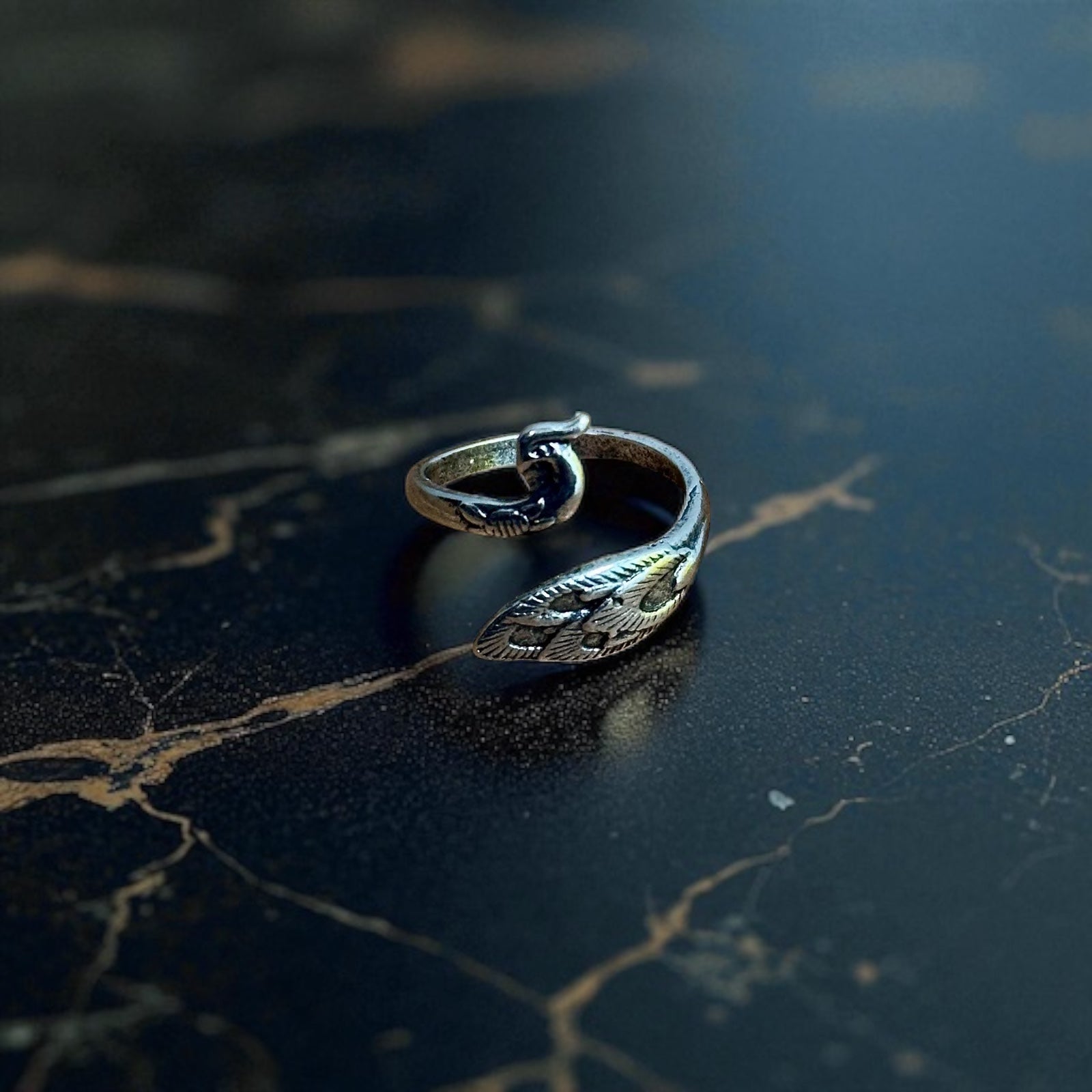 Unique Wrap Around Peacock Ring Silver Tone Adjustable - Size R 1/2