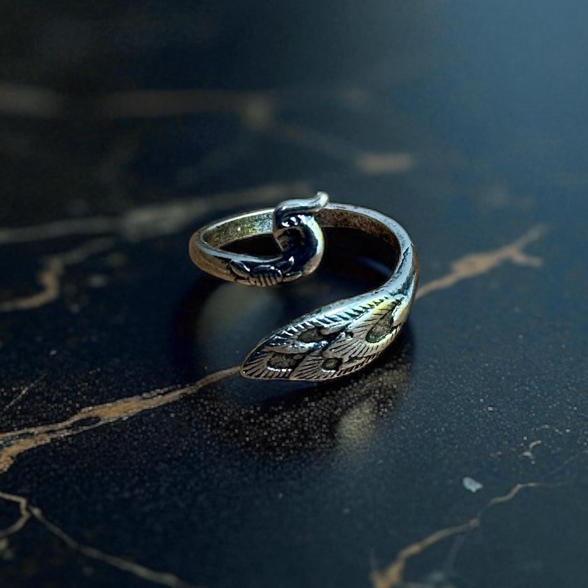 Unique Wrap Around Peacock Ring Silver Tone - Adjustable Size R 1/2