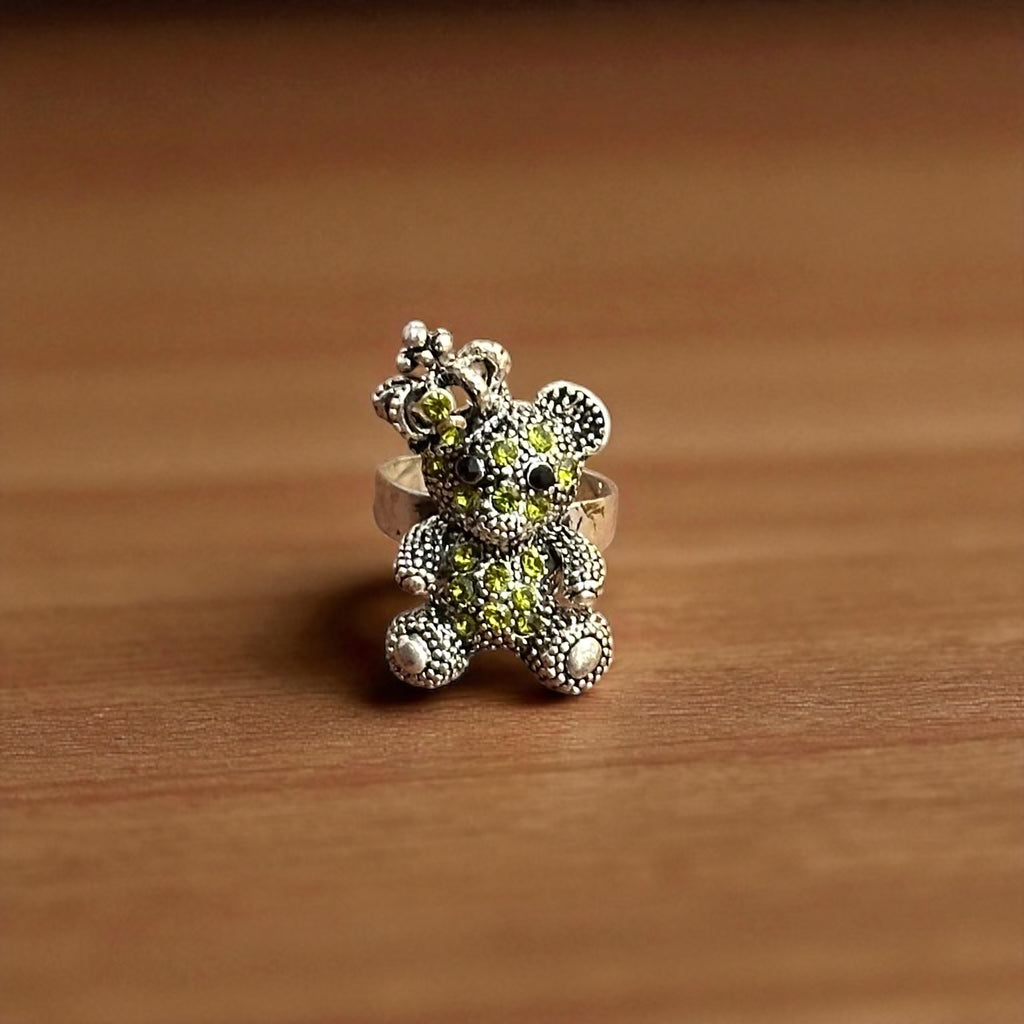 Diamante Princess Teddy Bear Crown Ring Silver Tone Various Colour Stones Adjustable Size
