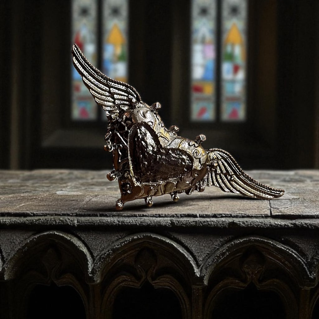 Black Goth Biker Style Winged Heart Statement Ring Metallic Adjustable - Size N 1/2